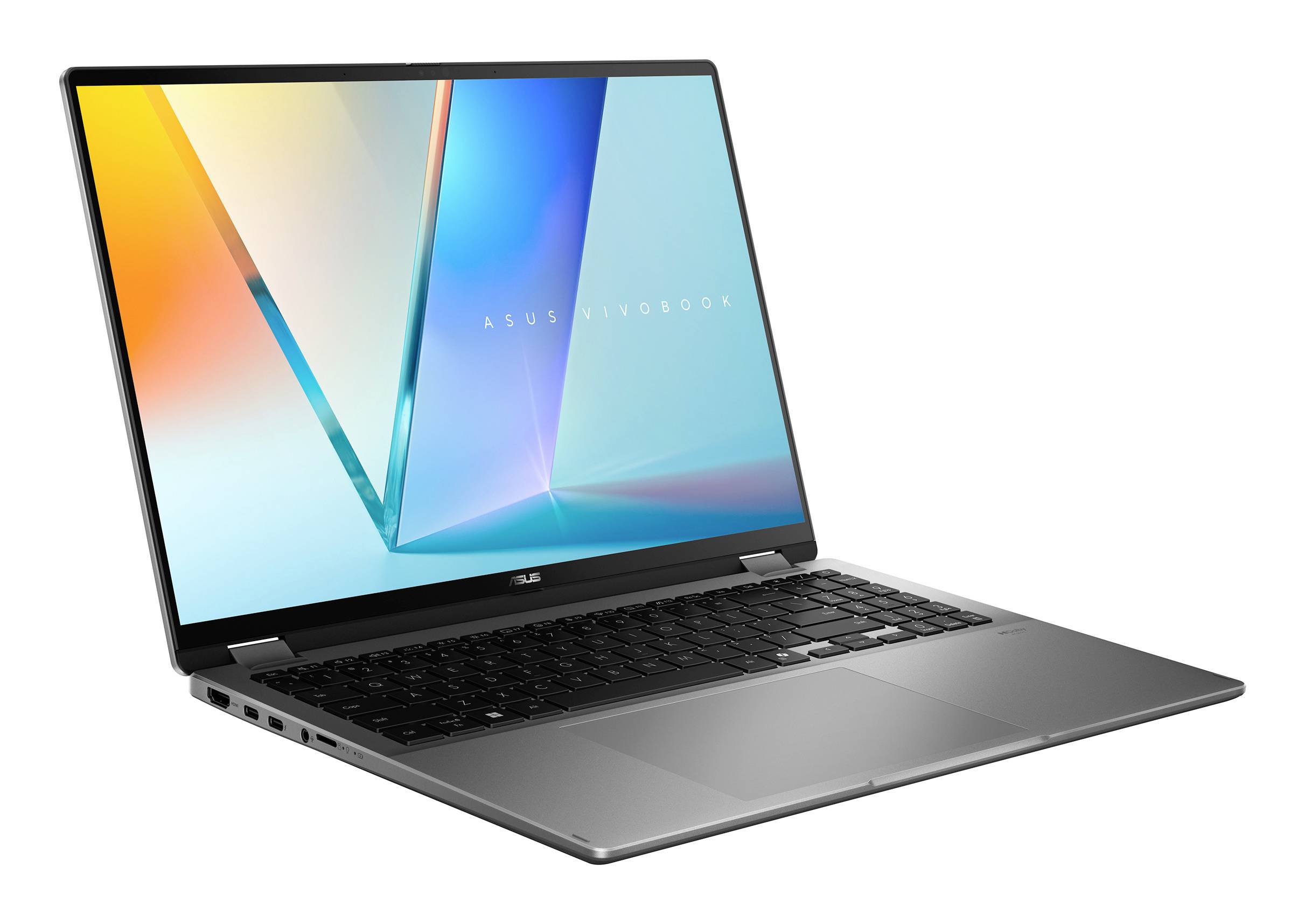 Silberner ASUS Vivobook Laptop, schräg geöffnet auf weißem Hintergrund, mit farbenfrohem geometrischem Display.