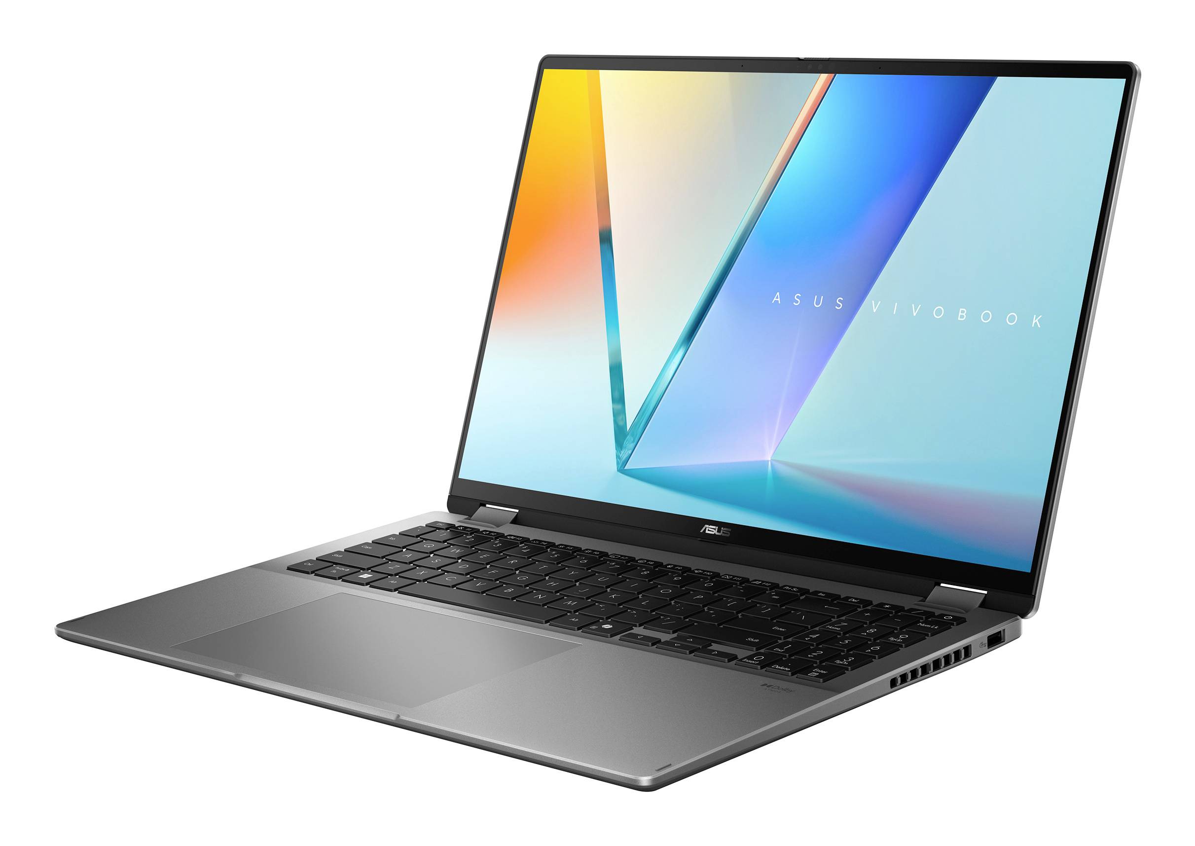 Offener ASUS VivoBook-Laptop in Schrägansicht auf weißem Hintergrund, wobei der Bildschirm das VivoBook-Logo anzeigt.