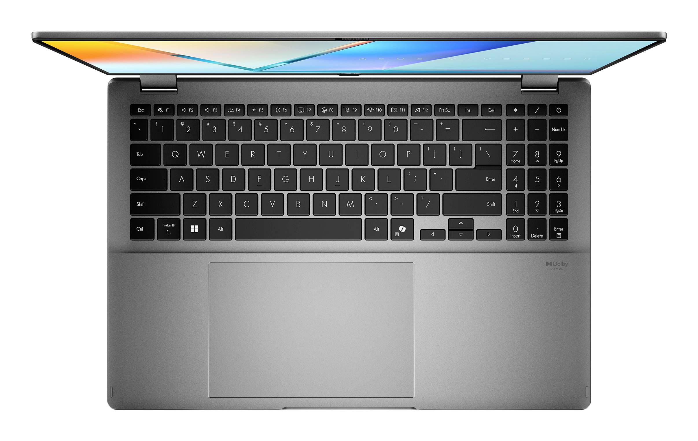 Draufsicht auf einen silbernen Laptop mit Tastatur, großem Trackpad und farbenfrohem Display, das vor weißem Hintergrund geöffnet ist.