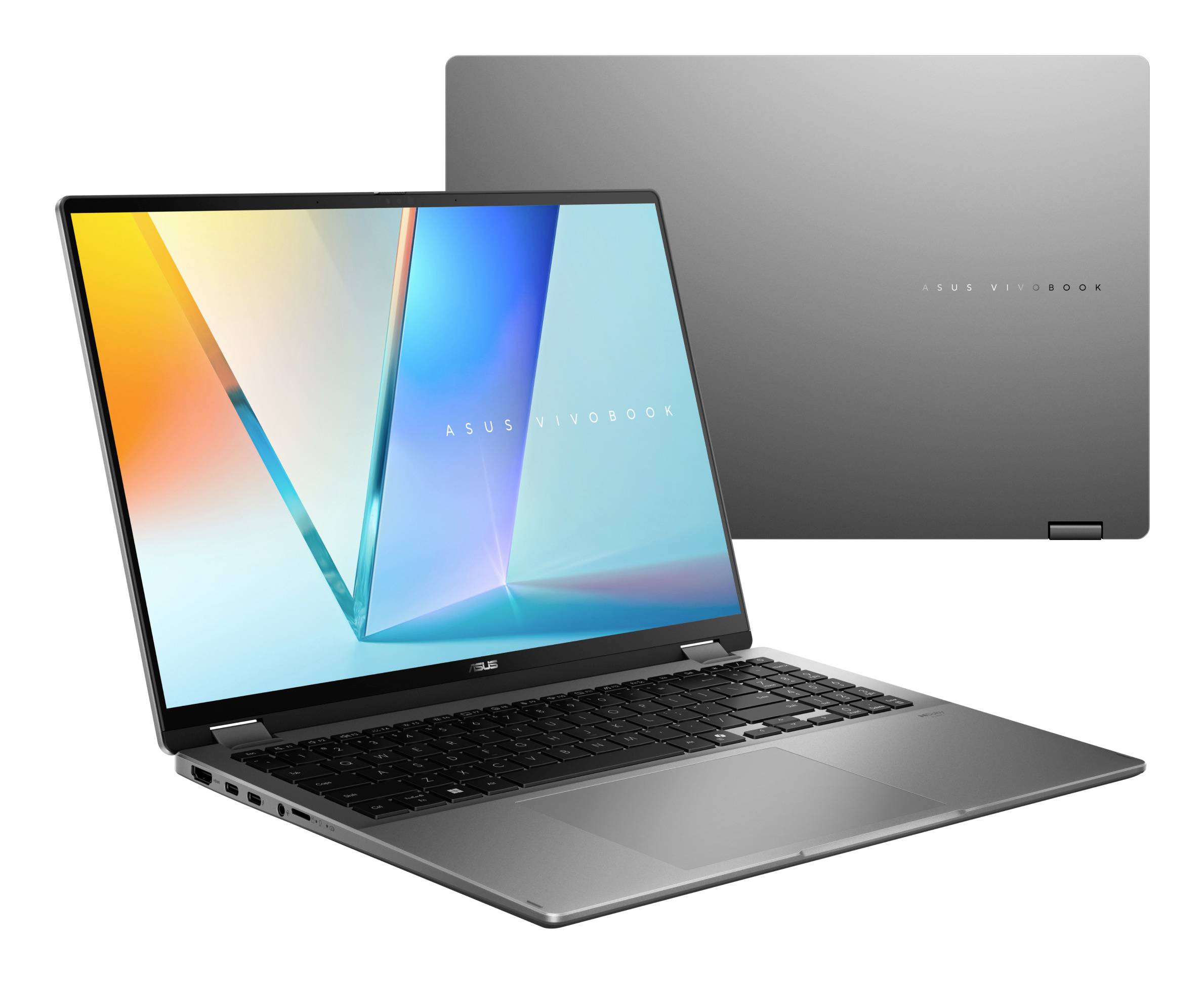 Offener ASUS Vivobook-Laptop, der vor einem geschlossenen grauen Vivobook-Deckel angezeigt wird, wobei das schlanke Design und das farbenfrohe Display hervorgehoben werden.