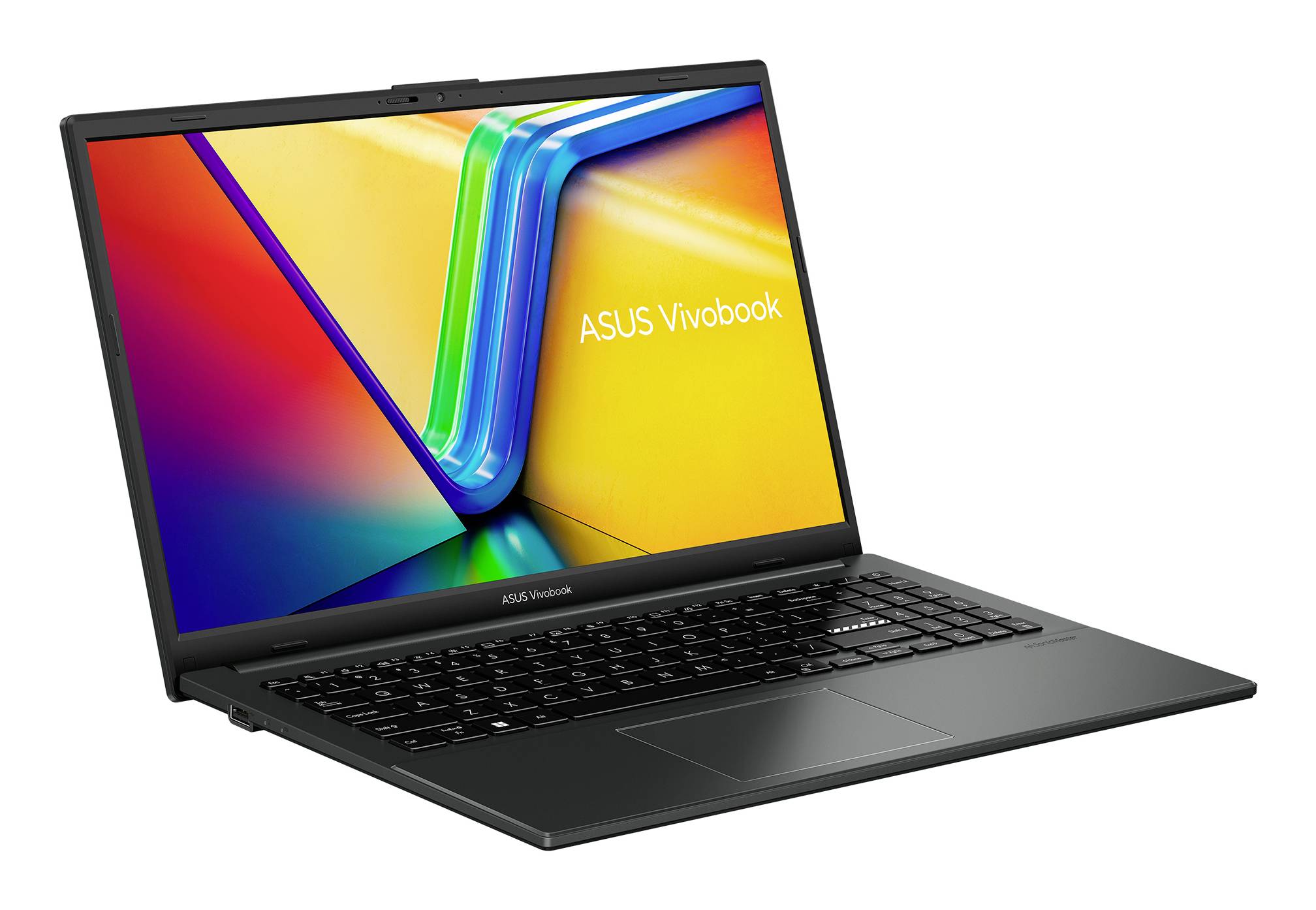 Schwarzer ASUS Vivobook-Laptop in schrägem Winkel geöffnet, zeigt einen bunten abstrakten Bildschirm mit dem Text "ASUS Vivobook".