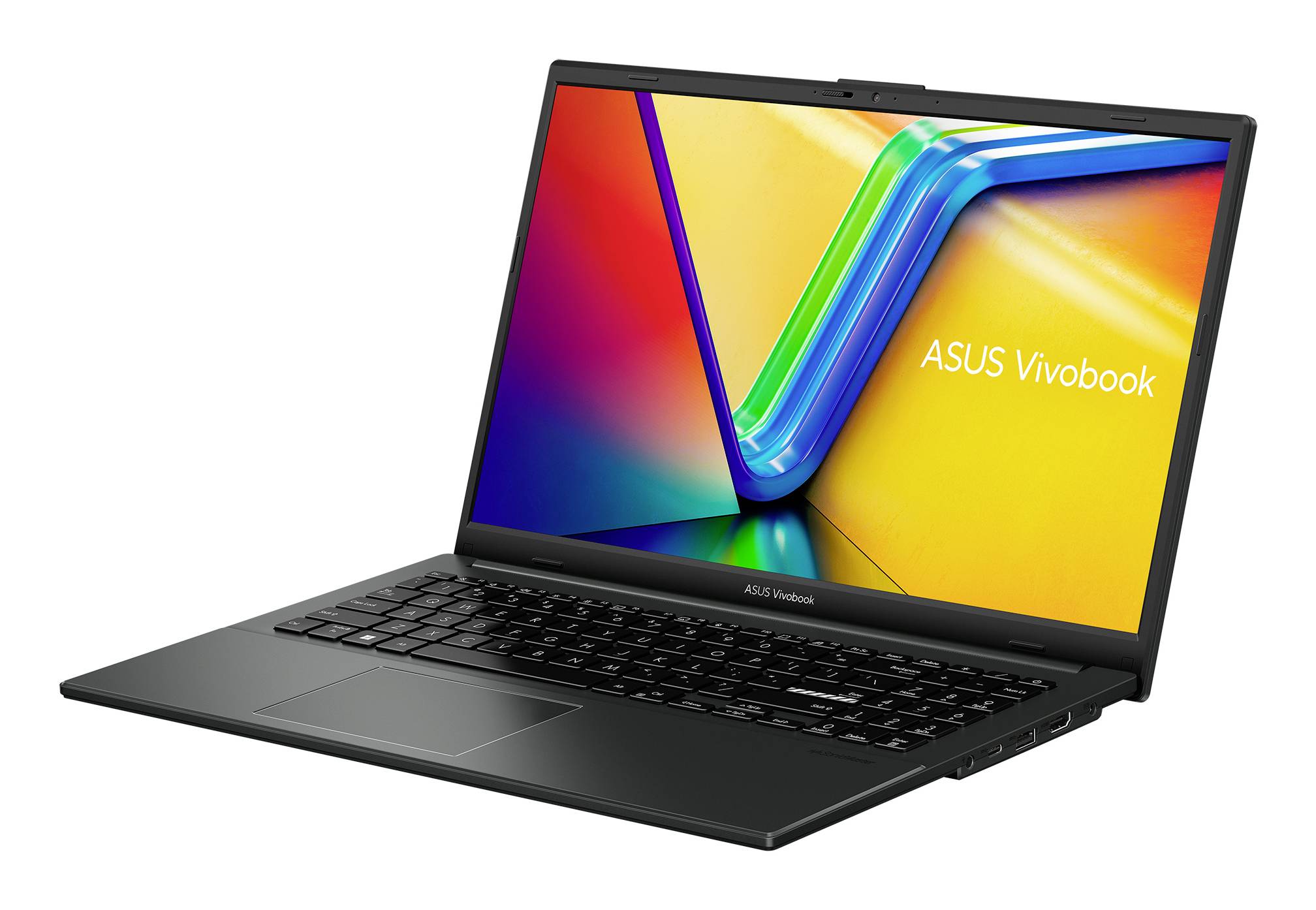 Schwarzer ASUS Vivobook-Laptop in schrägem Winkel geöffnet, zeigt einen farbenfrohen abstrakten Bildschirm auf weißem Hintergrund.