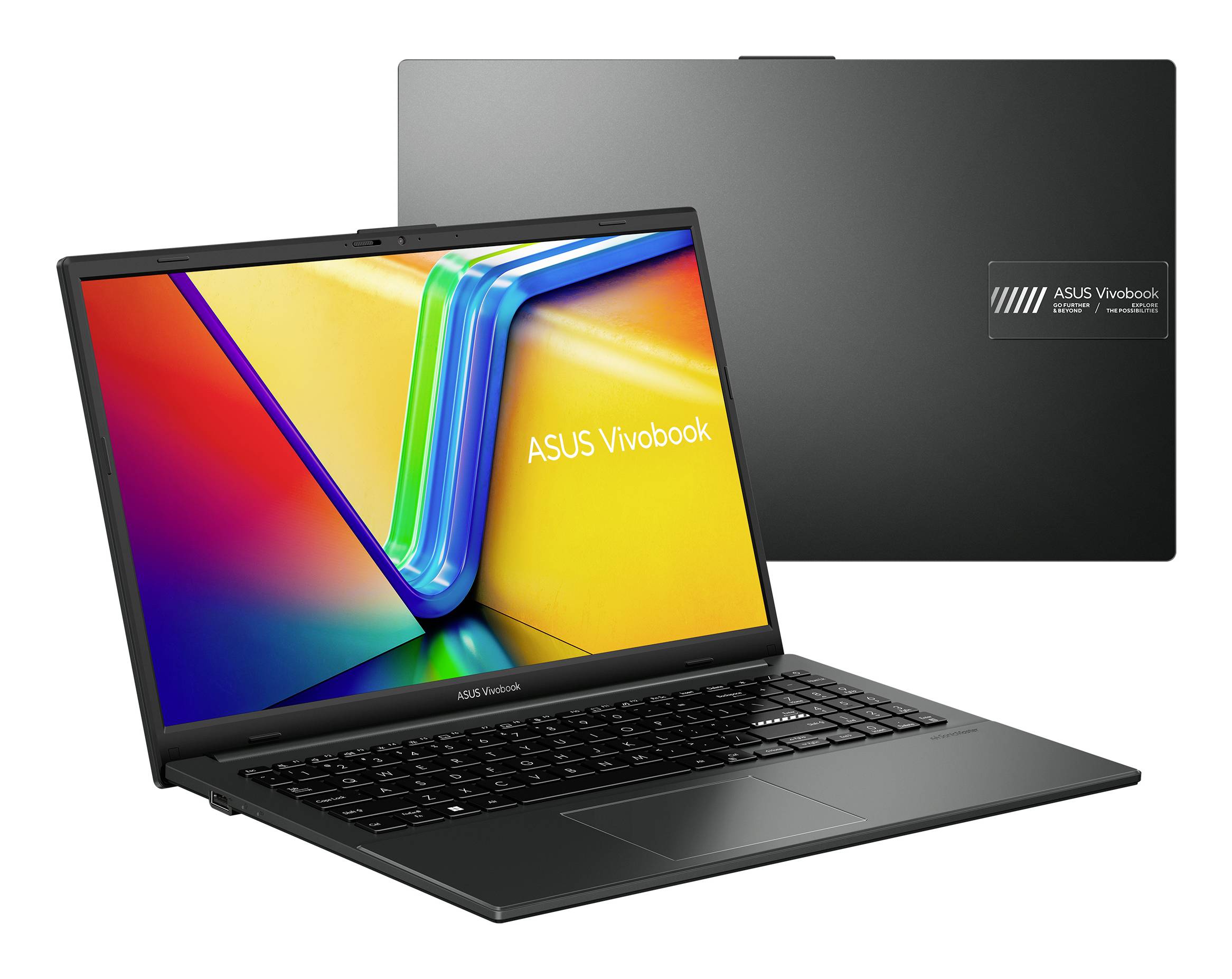 ASUS Vivobook Laptop, das aufgeklappt in einem Winkel angezeigt wird, mit einem farbenfrohem Display und dem geschlossenen Deckel dahinter sichtbar.