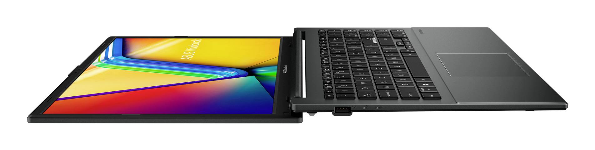 Seitenansicht eines 2-in-1-Laptops mit flach eingeklapptem Bildschirm, Tablet-Modus auf der linken Seite und Tastaturbase auf der rechten Seite.