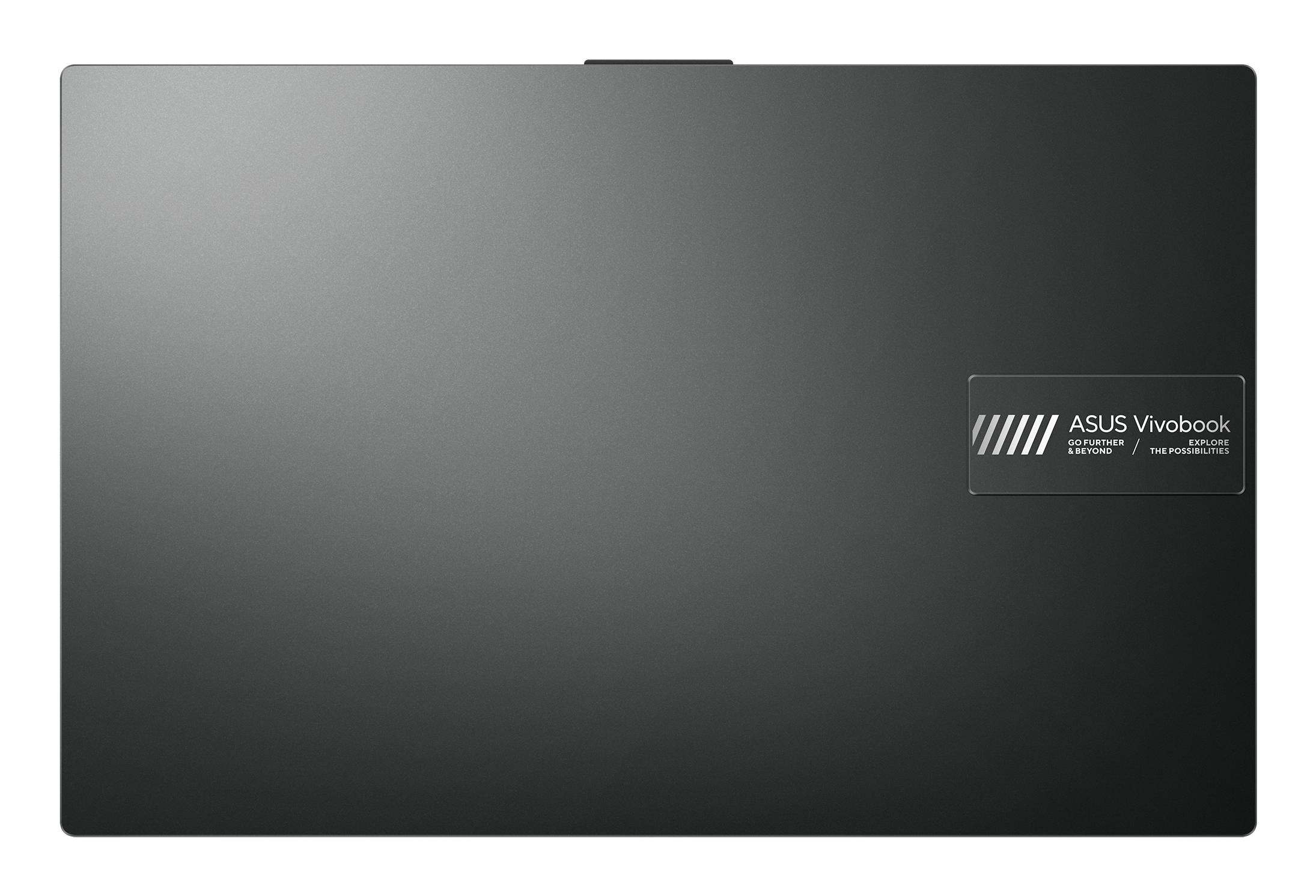 Geschlossener dunkelgrauer ASUS Vivobook-Laptop von oben betrachtet, mit Logoetikett auf der rechten Seite des Deckels.