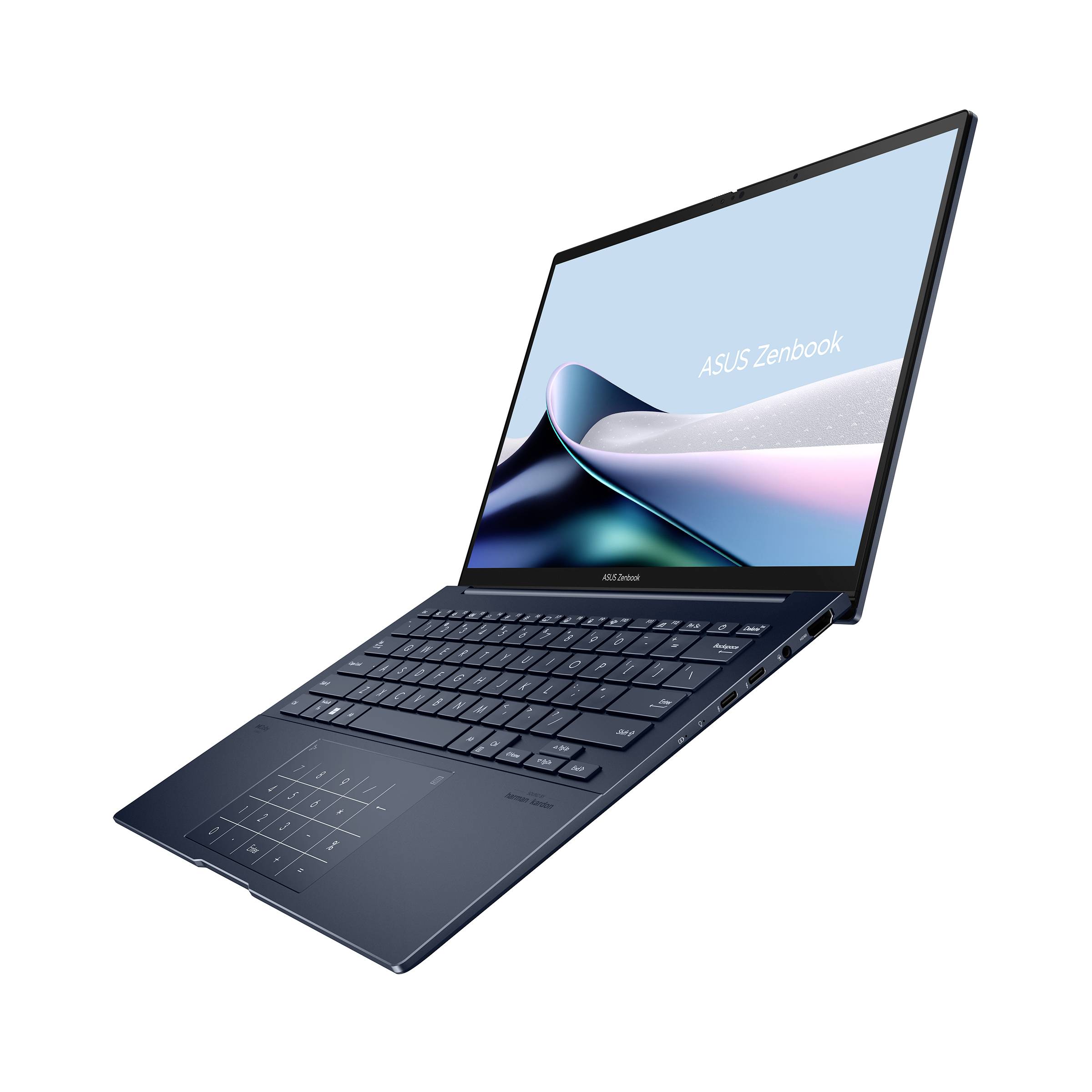 ASUS Zenbook Laptop in Zeltmodus geöffnet, mit sichtbarer Tastatur und Touchscreen auf weißem Hintergrund.