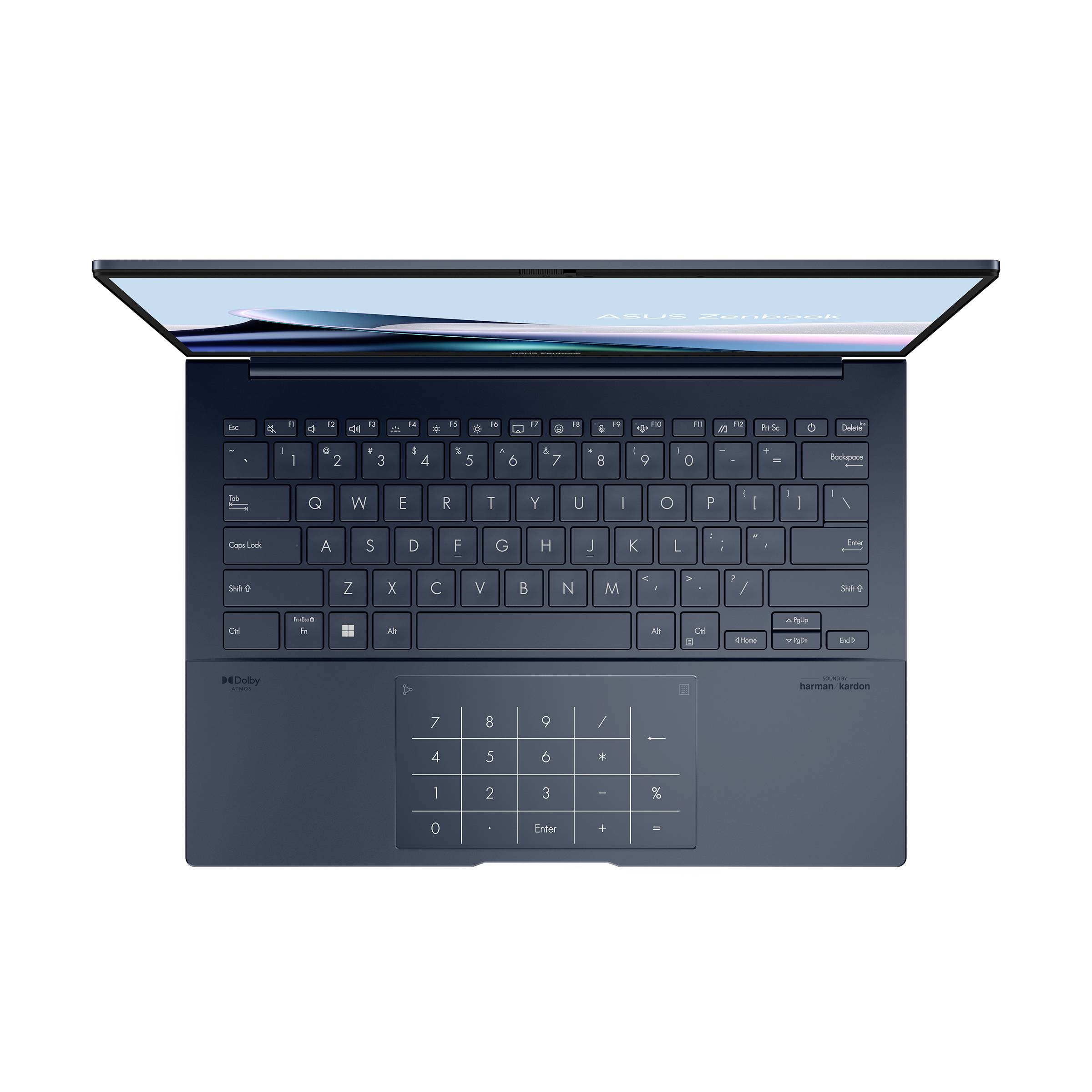 Laptop von oben gezeigt mit dunkler Tastatur, großem Touchpad und leicht geöffnetem Bildschirm.