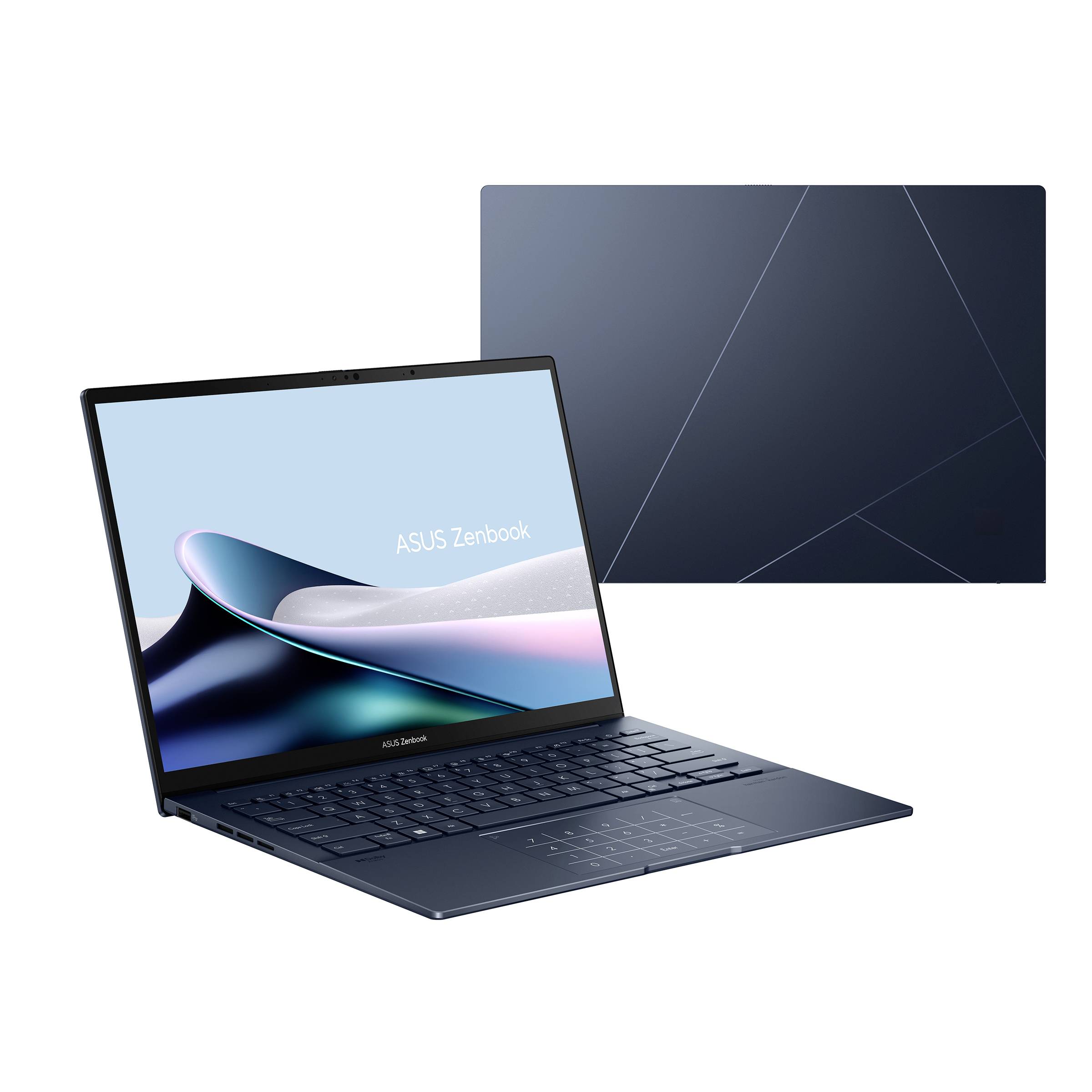 ASUS Zenbook Laptop in aufgeklapptem Zustand, in einem Winkel angeordnet, mit einer dunkelmarineblau Rückseite dahinter.