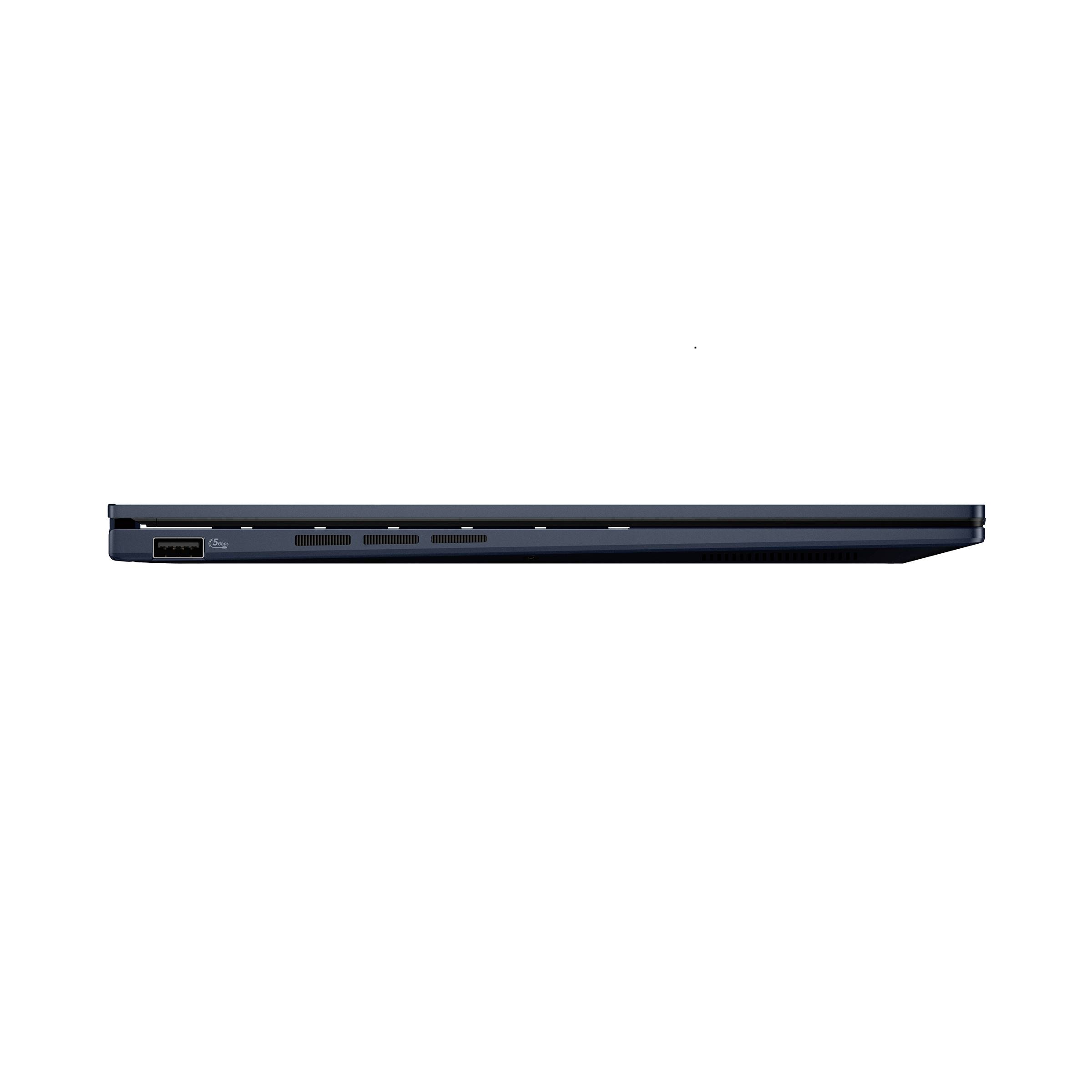 Seitenansicht eines geschlossenen schwarzen Laptops, das sein schlankes Profil und die Anschlüsse auf der linken Seite zeigt.