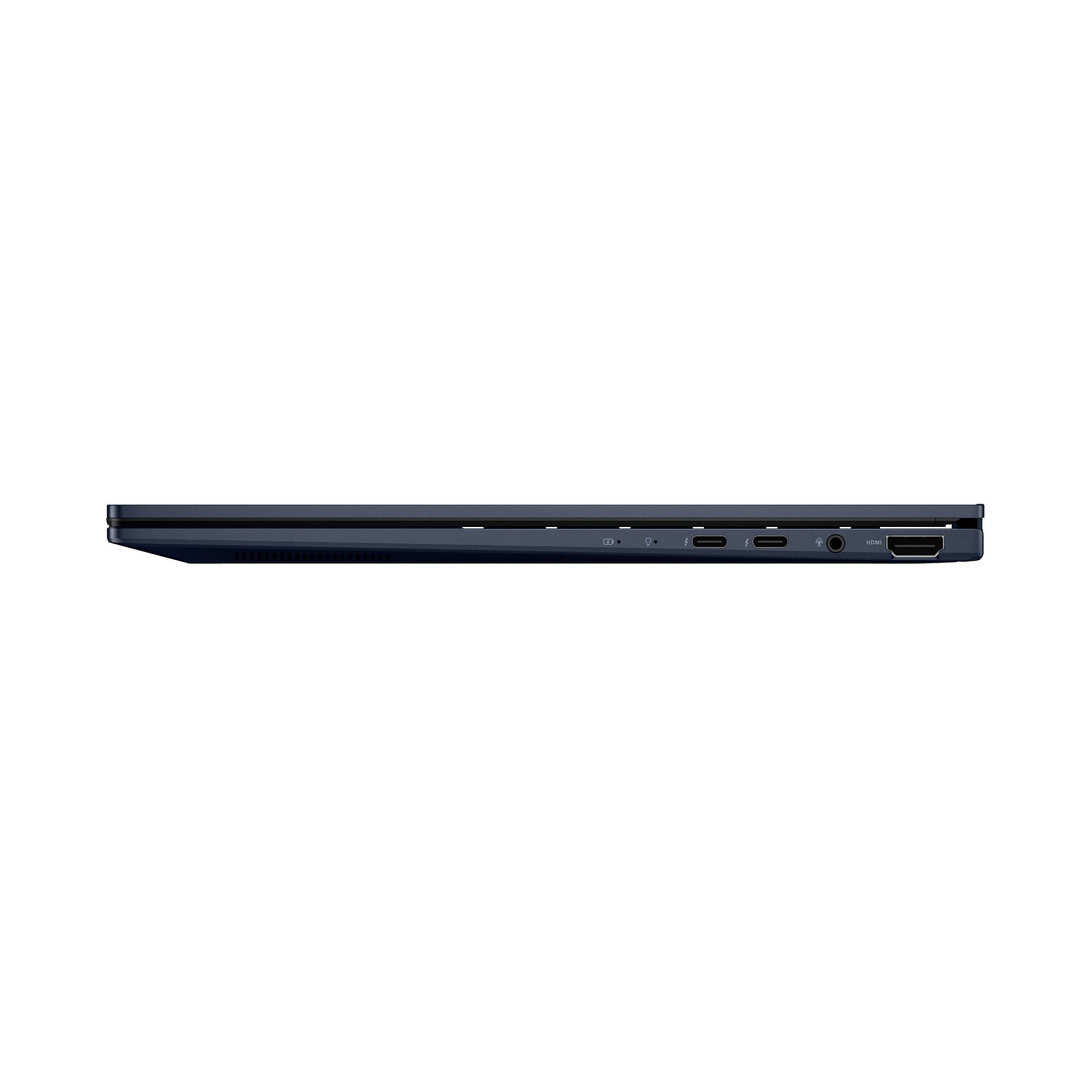 Seitenansicht eines dünnen dunklen Laptops, der seine Anschlüsse und sein schlankes Profil auf weißem Hintergrund zeigt.