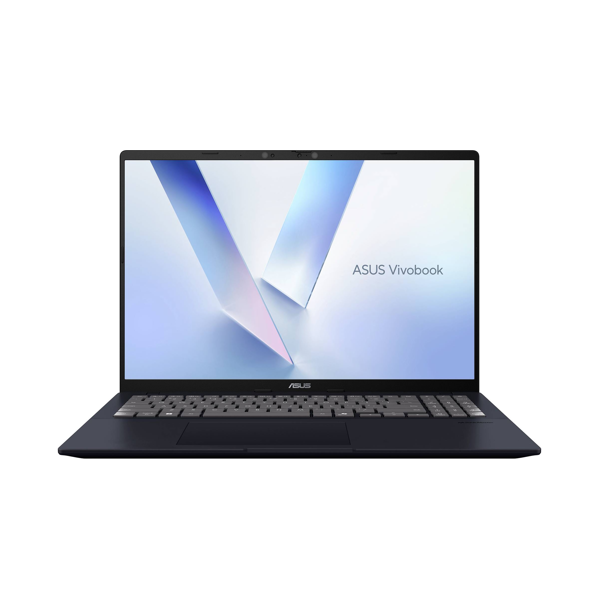 ASUS Vivobook Laptop offen auf weißem Hintergrund, zeigt seinen Bildschirm mit dem ASUS Vivobook Logo.