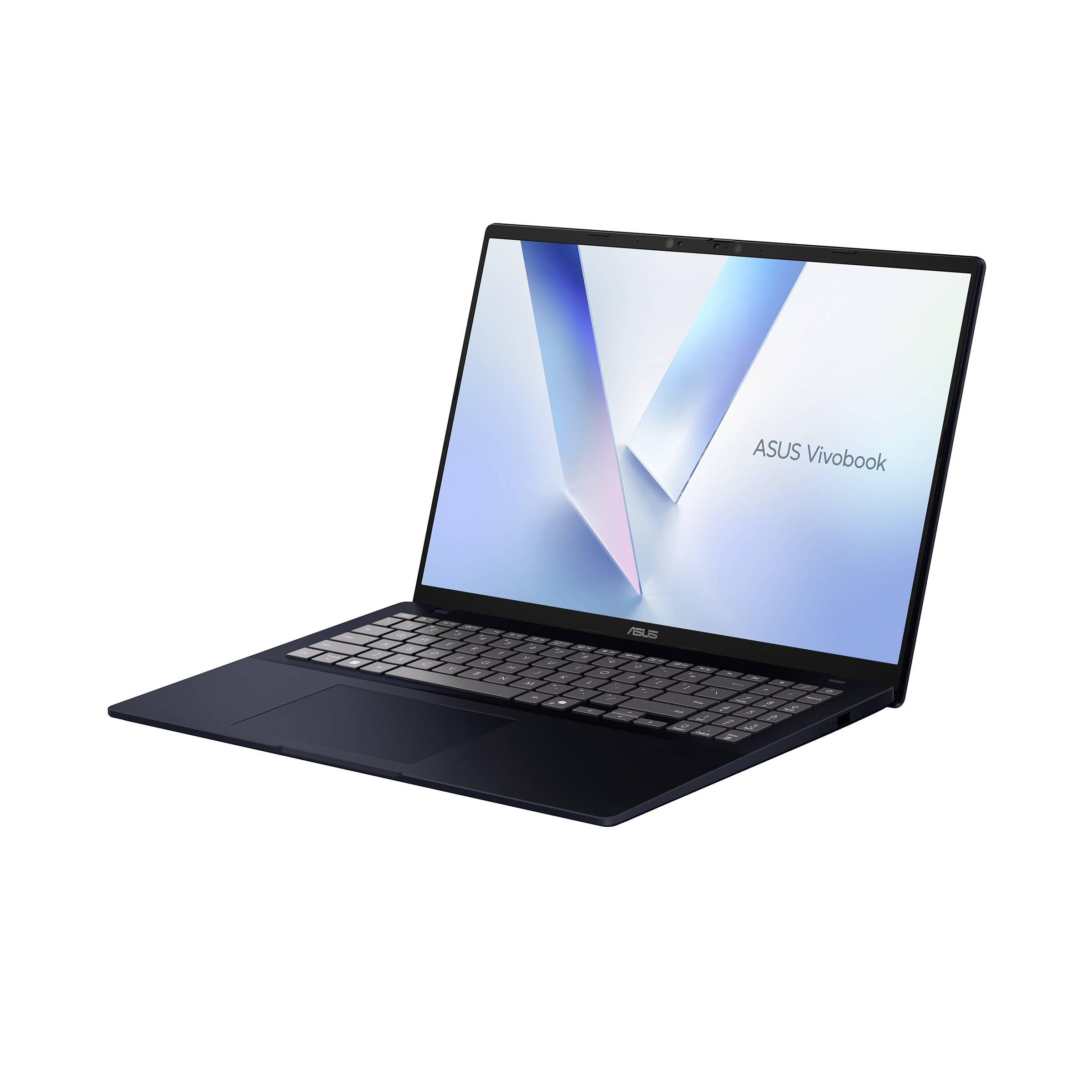 ASUS Vivobook Laptop auf weißem Hintergrund, mit Bildschirm und Tastatur in einer Dreiviertelansicht.