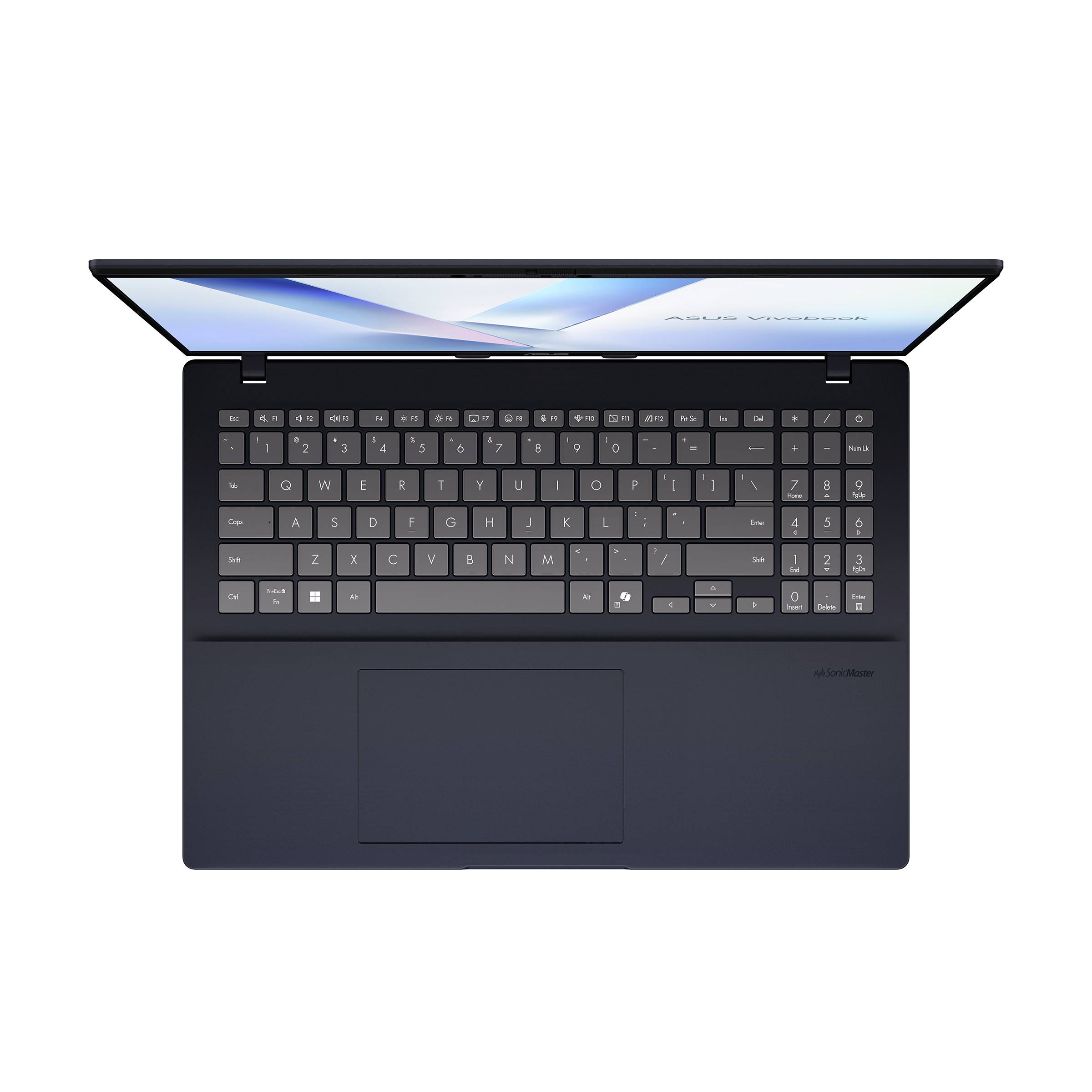 Laptop von oben betrachtet, zeigt Tastatur, großes Touchpad und teilweise geöffneten Bildschirm auf weißem Hintergrund.