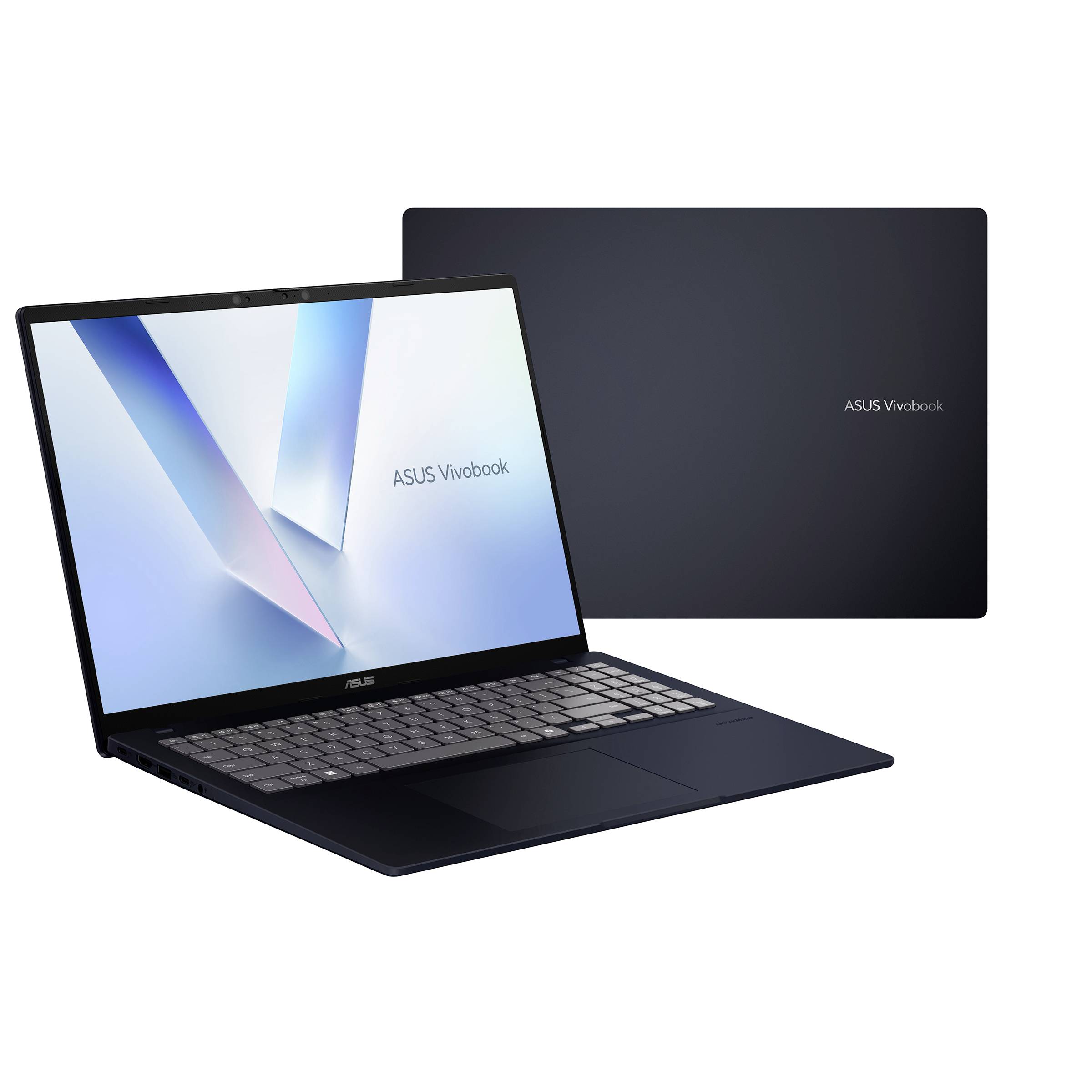 ASUS Vivobook Laptop, schräg offen dargestellt, mit geschlossenem dunklem Deckel dahinter auf weißem Hintergrund.