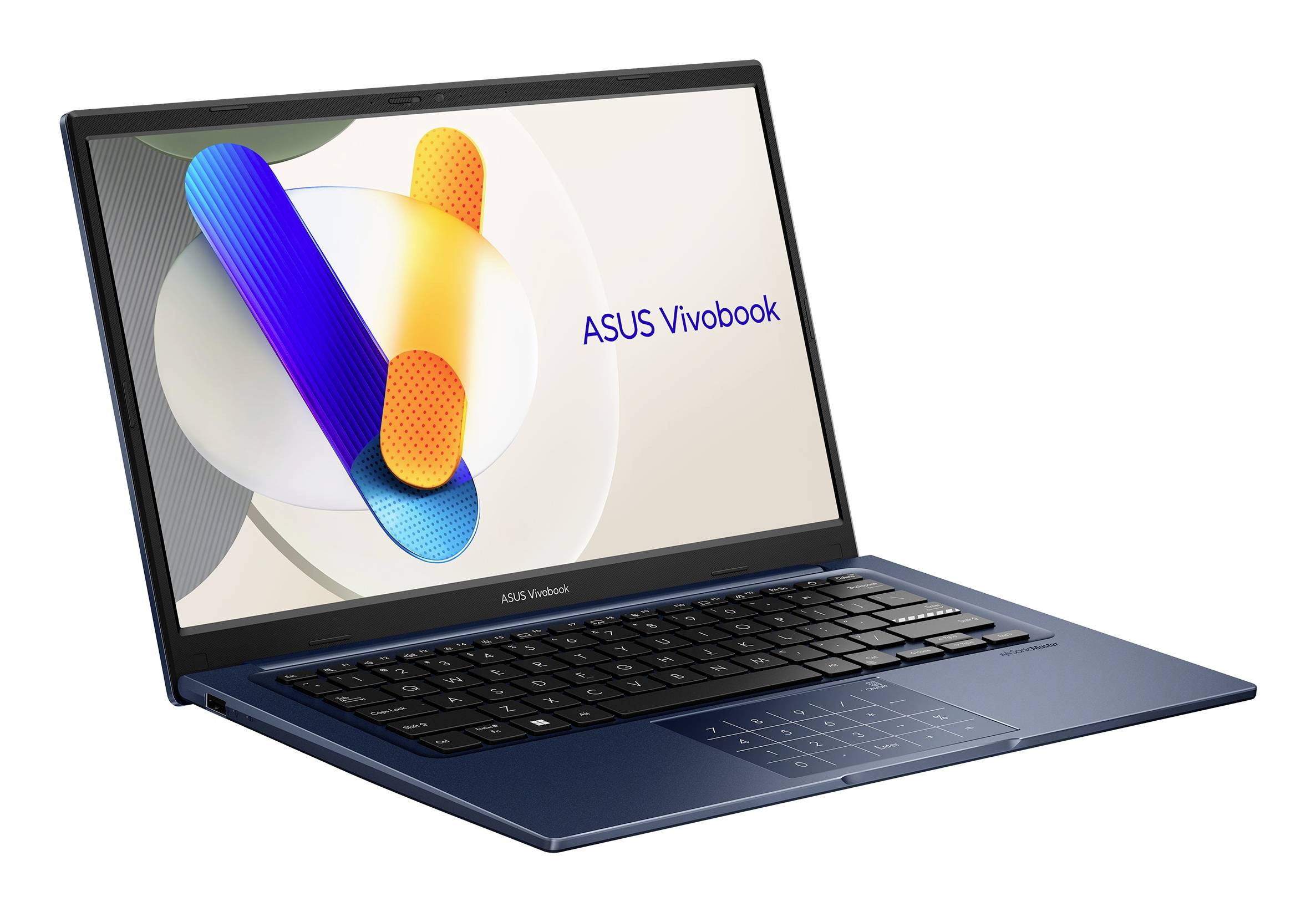ASUS Vivobook Laptop, leicht geöffnet und in einem Winkel positioniert, mit einer farbenfrohen abstrakten Tapete auf dem Bildschirm.