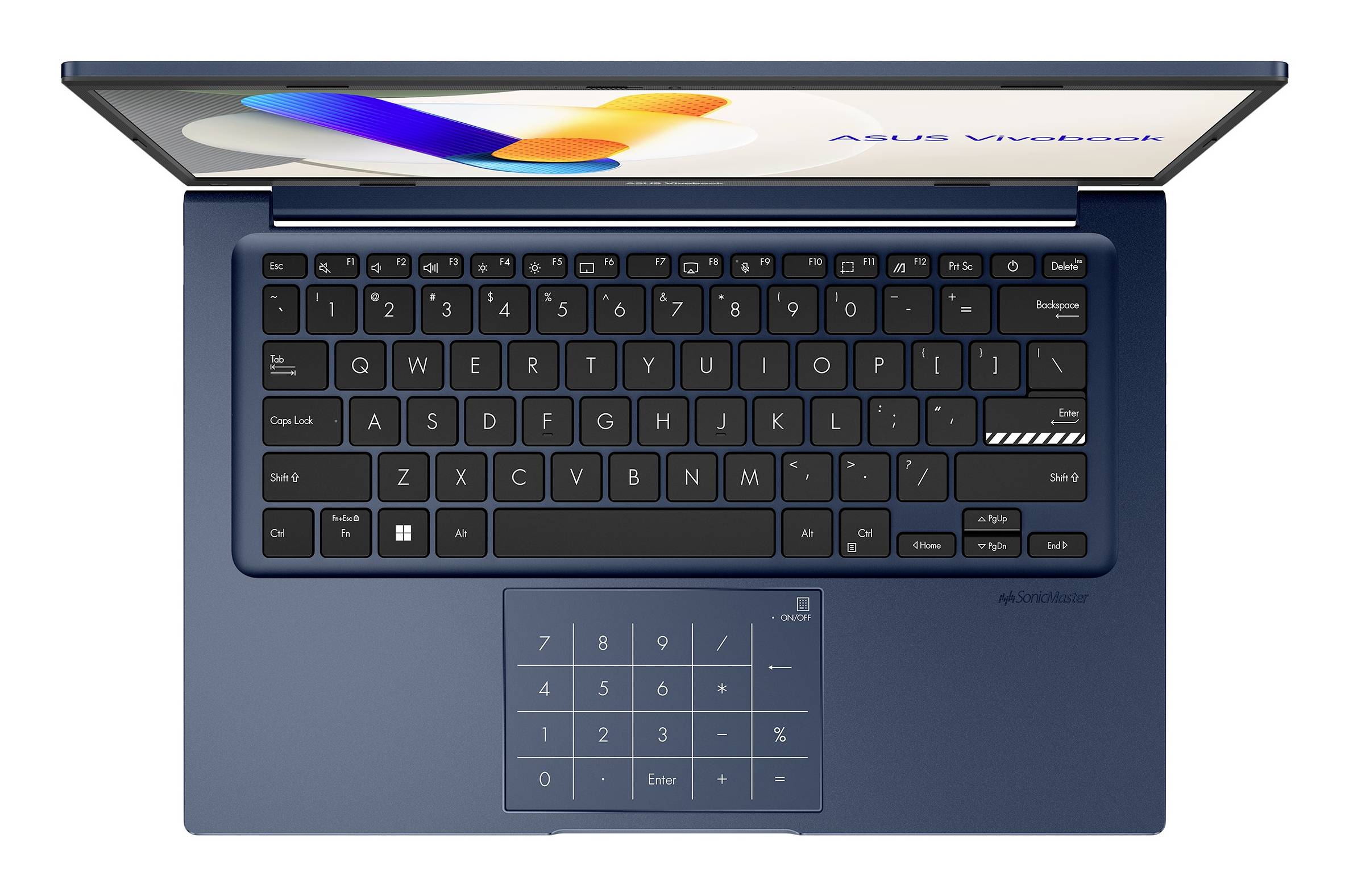 Draufsicht eines offenen ASUS VivoBook Laptops mit Tastatur, numerischem Touchpad-Tastenfeld und Bildschirmscharnieren.
