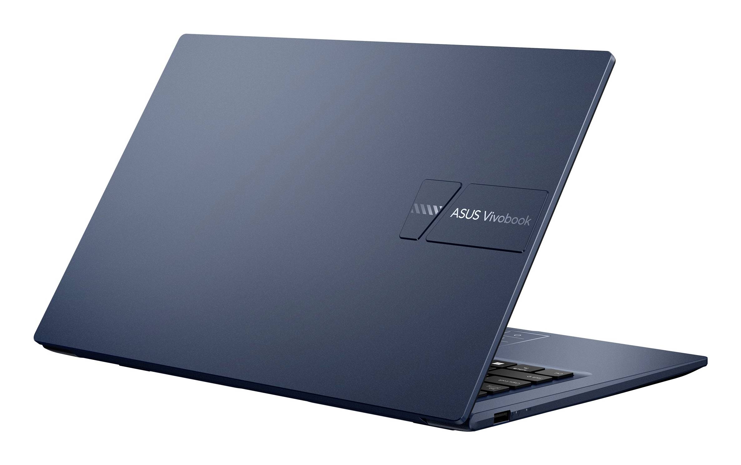 Offener dunkelblauer ASUS VivoBook-Laptop, teilweise offen auf weißem Hintergrund dargestellt.