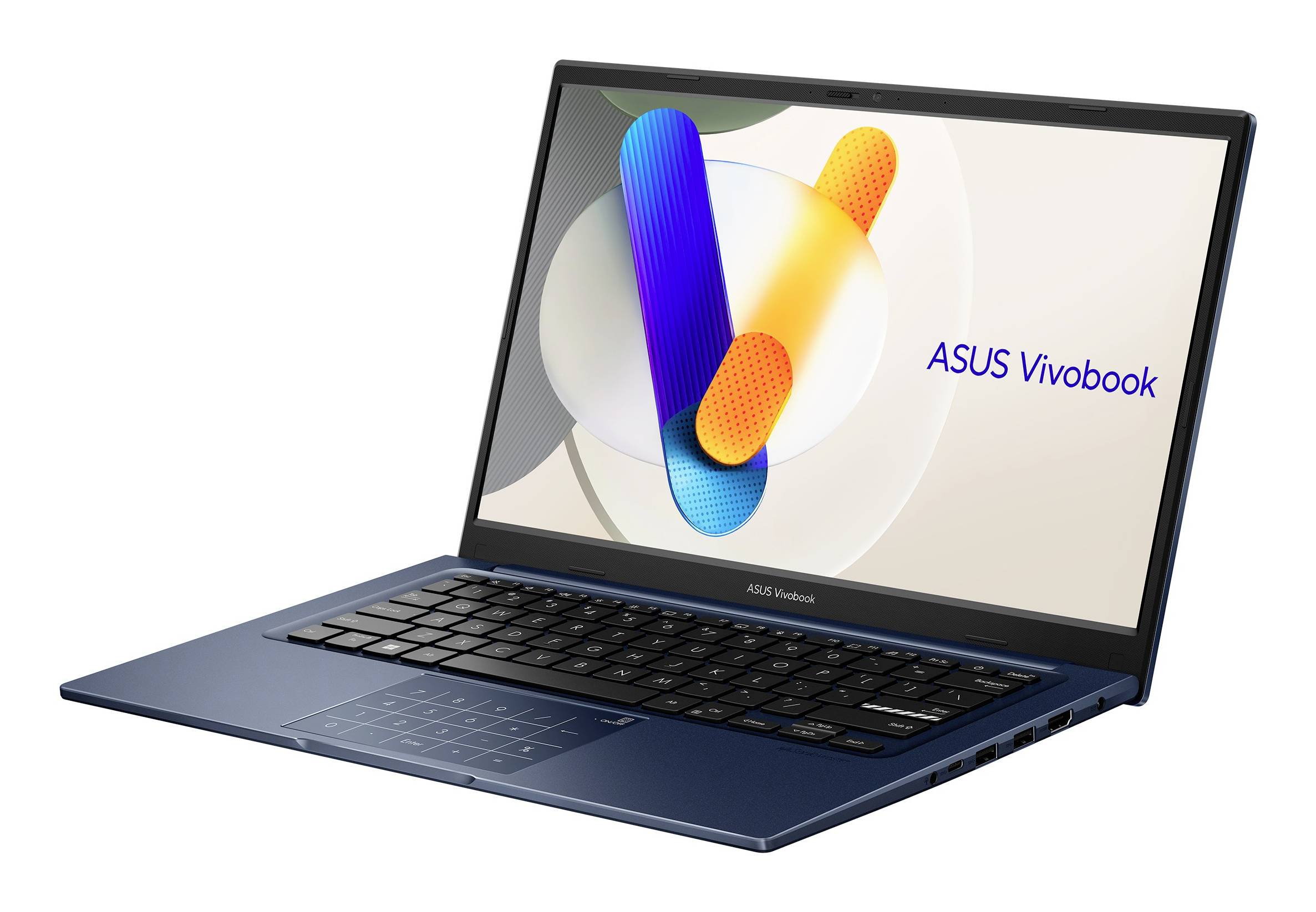 ASUS Vivobook Laptop aufgeklappt in einem Winkel, mit dem Logo und abstraktem, farbenfrohem Hintergrundbild auf dem Bildschirm.