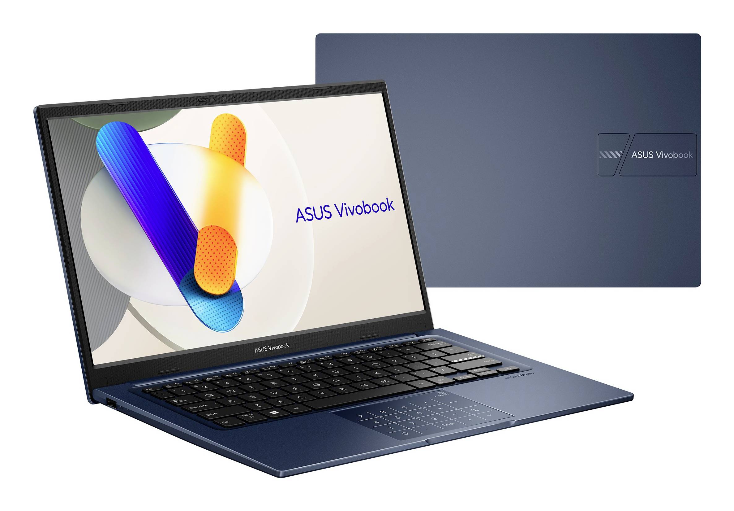 Ein offenes ASUS Vivobook Laptop mit farbenfrohem Display und ein geschlossenes Laptop dahinter, die das Produktdesign hervorheben.
