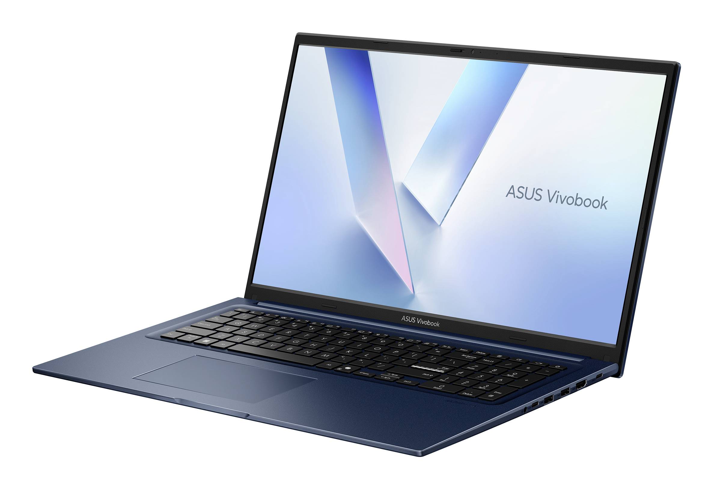 Aufgeklappter ASUS Vivobook Laptop in Schrägansicht auf weißem Hintergrund, mit sichtbarem Bildschirm und Tastatur.