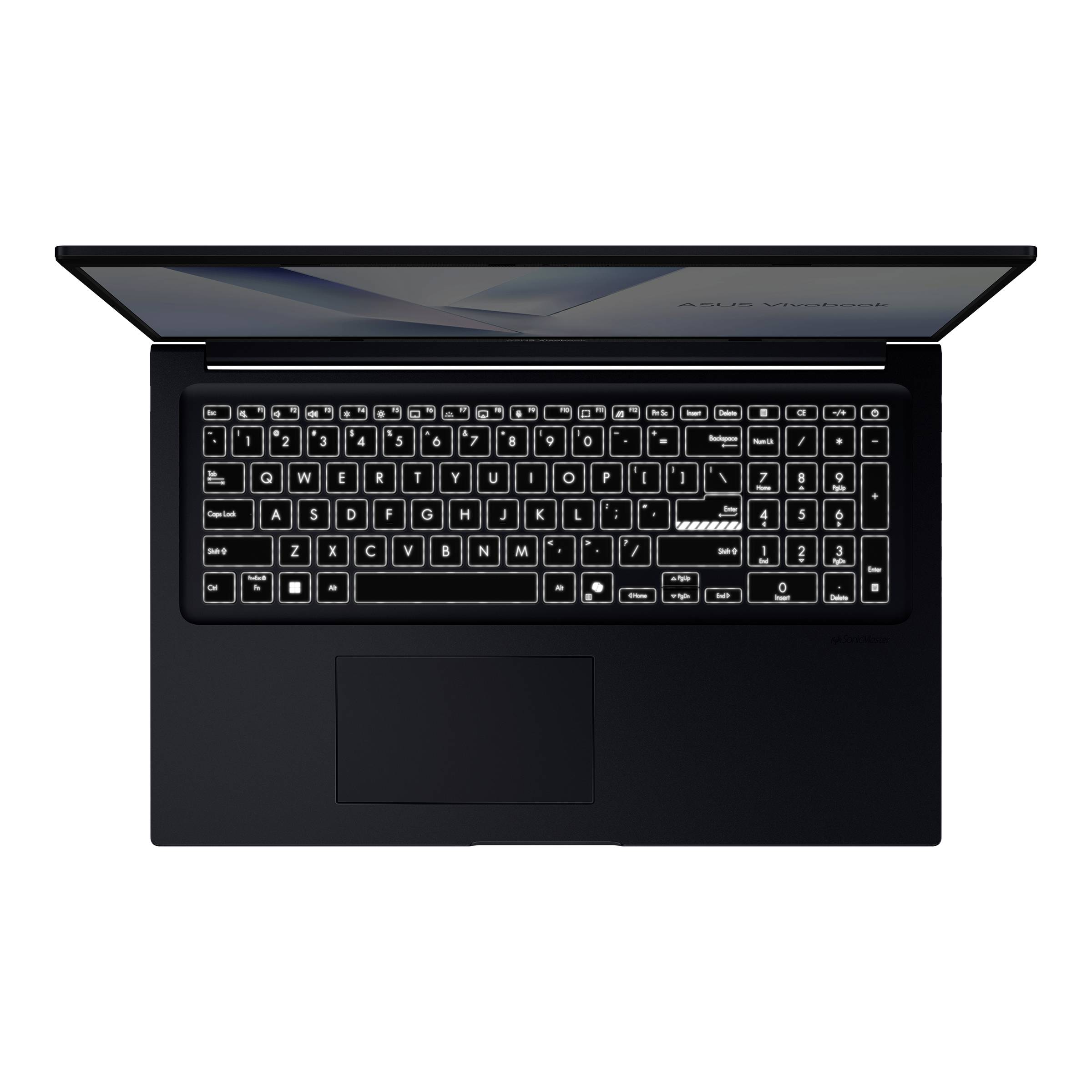 Laptop von oben betrachtet, zeigt Tastatur, Trackpad und teilweise geöffneten Bildschirm auf weißem Hintergrund.
