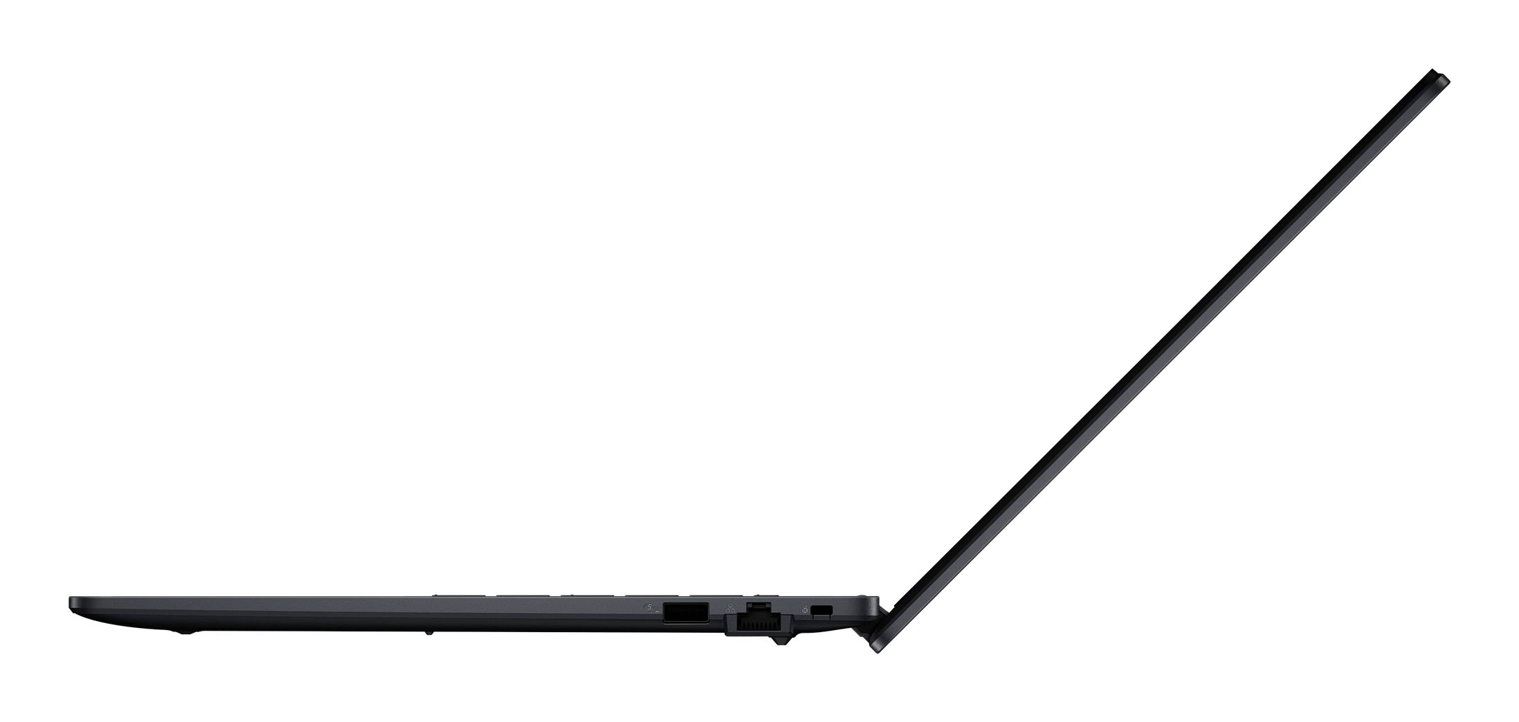 Seitenansicht eines dünnen schwarzen Laptops, der in steilem Winkel teilweise geöffnet auf weißem Hintergrund.