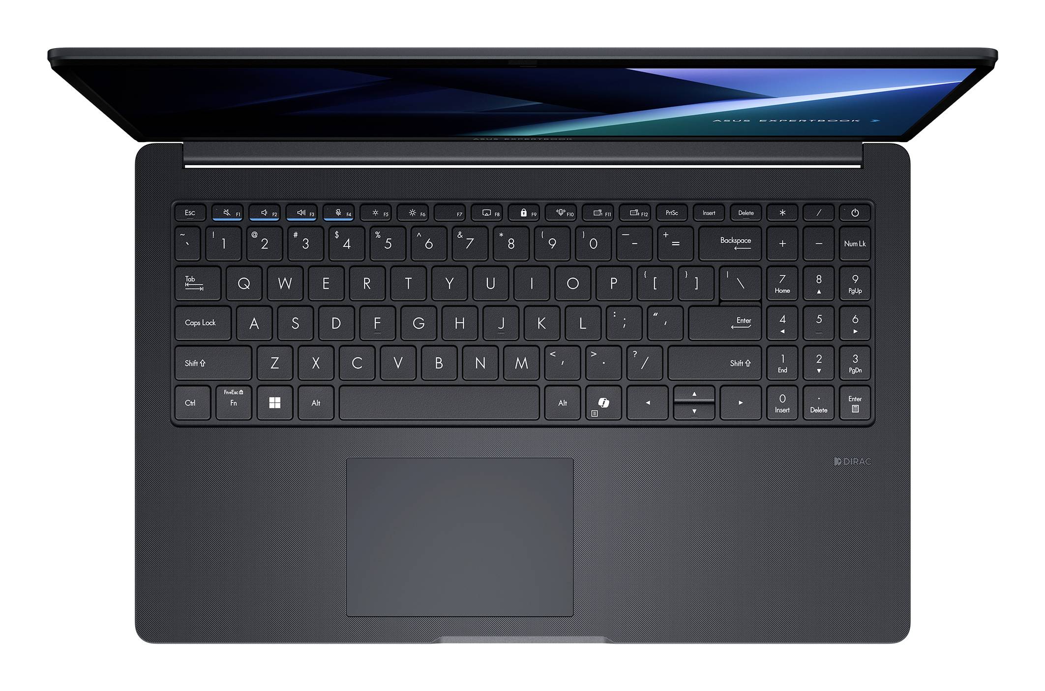Draufsicht auf einen offenen schwarzen Laptop mit Tastatur, Touchpad und Bildschirm, auf dem eine abstrakte blaue Tapete angezeigt wird.
