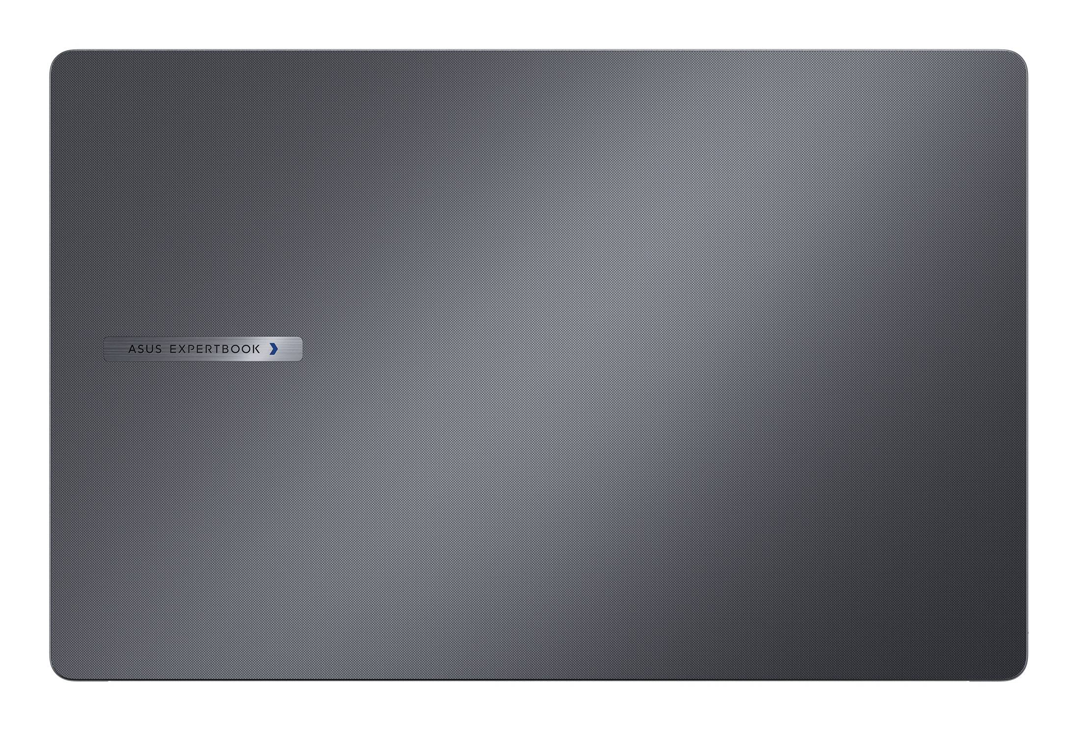 Geschlossener grauer Laptop mit dem "ASUS ExpertBook"-Logo in der Nähe der linken Seite.