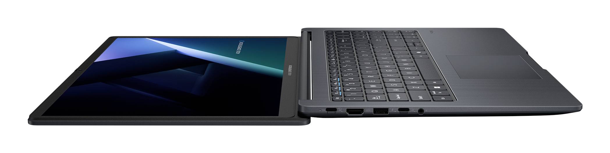 Zwei-in-eins-Laptop in offener Zeltposition gezeigt, mit dem Bildschirm flach neben der Tastatur gefaltet.