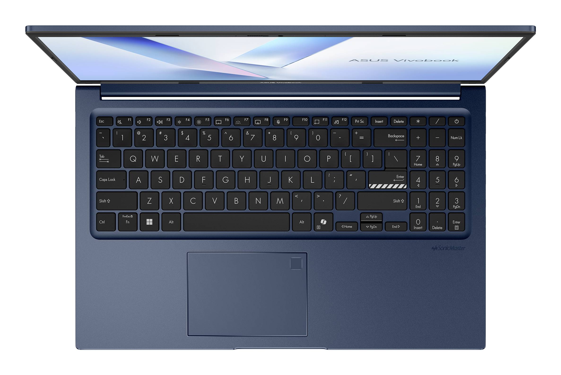 Draufsicht auf einen offenen blauen Laptop, die Tastatur, das Touchpad und den Bildschirm zeigend.