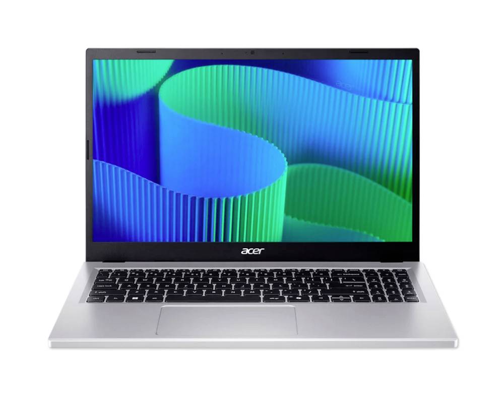 Acer-Laptop, der auf weißem Hintergrund geöffnet angezeigt wird und eine blau-grüne abstrakte Wellentapete zeigt.