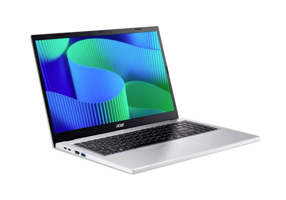 Silberner Acer-Laptop, geöffnet mit buntem abstraktem blau-grünem Hintergrundbild auf dem Bildschirm, vor weißem Hintergrund dargestellt.