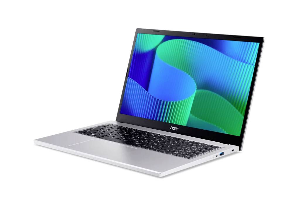 Silberner Acer-Laptop in einem Winkel geöffnet, mit einem farbenfrohen abstrakten Bildschirm auf weißem Hintergrund.