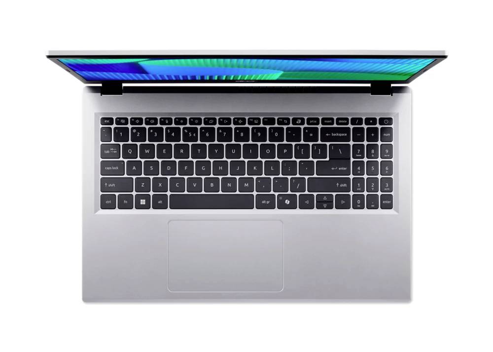 Laptop von oben betrachtet, zeigt Tastatur und Trackpad auf einem silbernen Gehäuse mit teilweise geöffnetem Bildschirm.