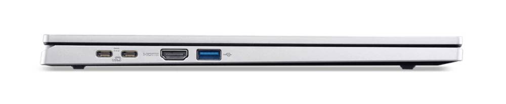 Seitenansicht eines geschlossenen silbernen Laptops, die die Anschlüsse auf der linken Seite zeigt: zwei USB-C-Anschlüsse, einen HDMI-Anschluss und einen USB-A-Anschluss.