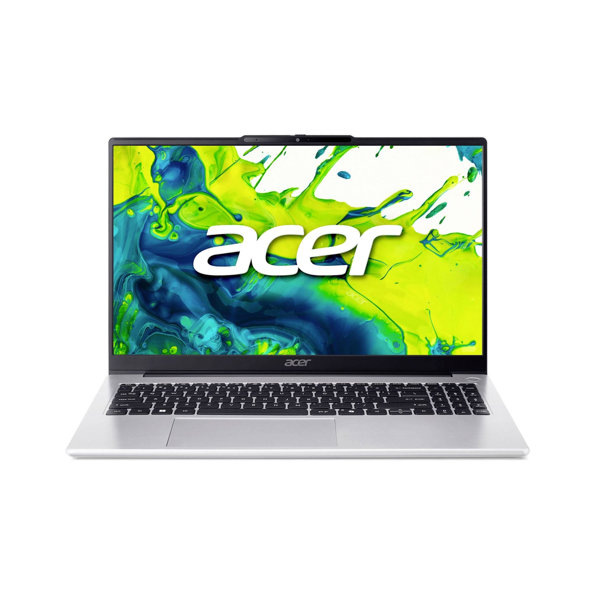 Acer-Laptop auf weißem Hintergrund offen, zeigt das Acer-Logo auf einem leuchtend grünen und blauen abstrakten Bildschirm.