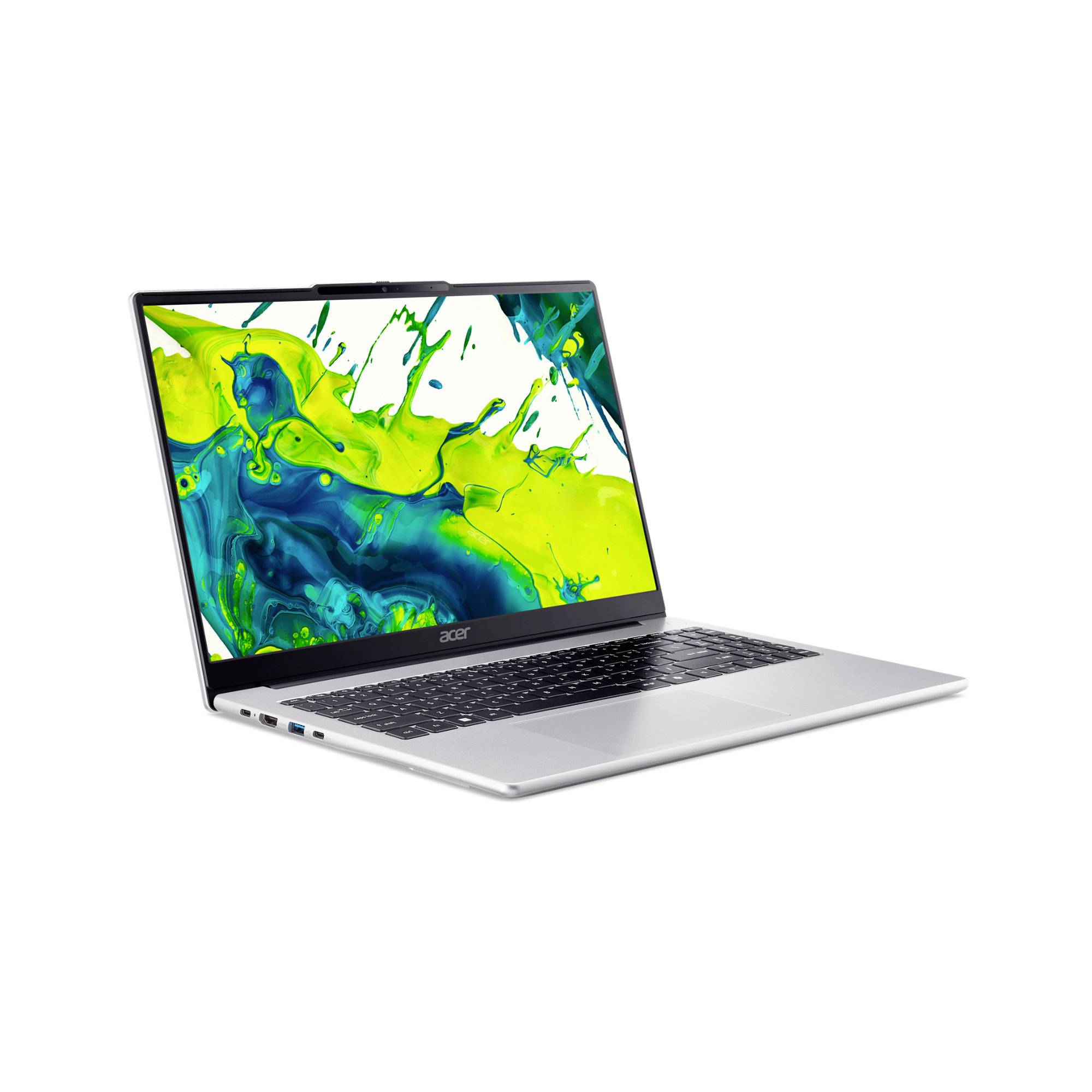 Ein silberner Acer-Laptop auf weißem Hintergrund, geöffnet und nach links geneigt, mit einem leuchtenden abstrakten grün und blau gefärbten Bildschirm.