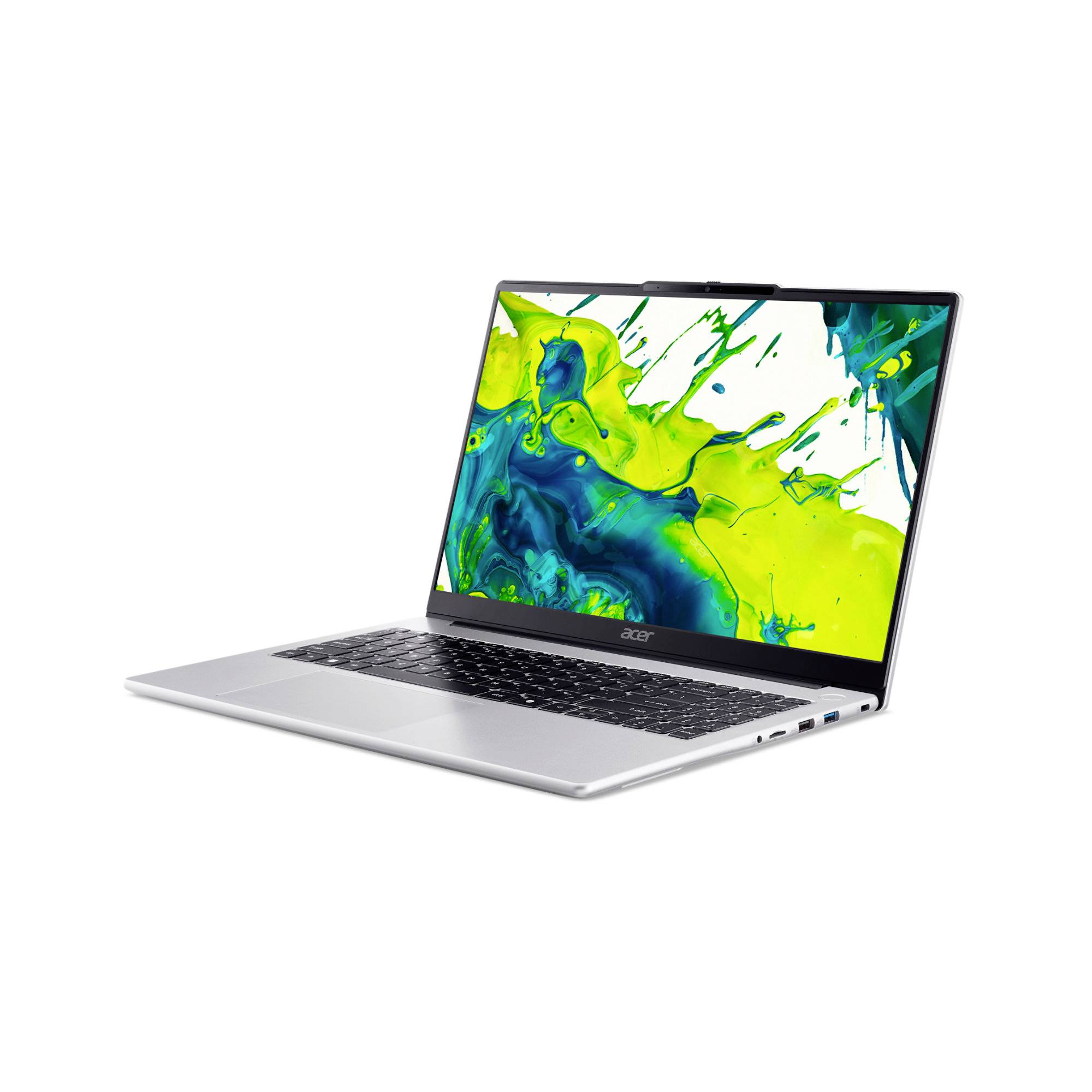 Silberner Acer-Laptop im geöffneten Zustand, angewinkelt dargestellt, mit leuchtender abstrakter grün-blauer Spritzer-Tapete auf dem Bildschirm.