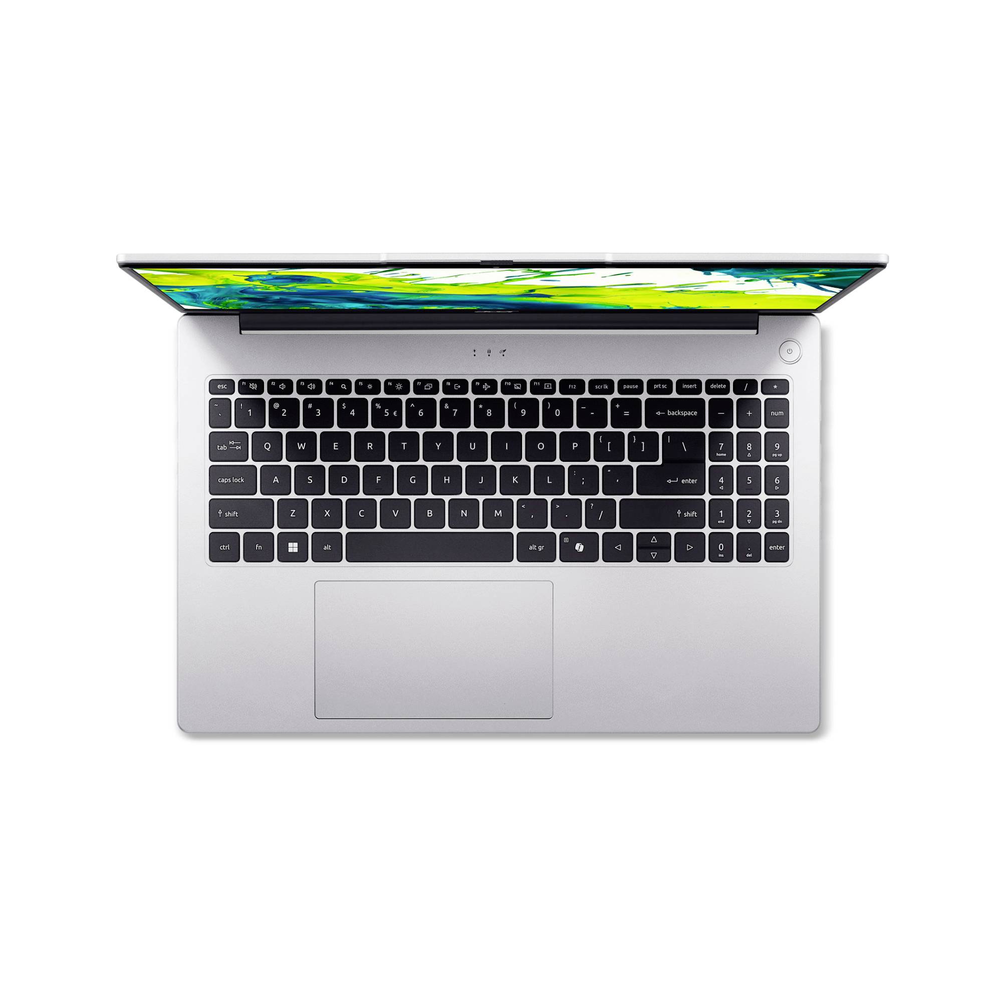 Draufsicht auf einen geöffneten silbernen Laptop mit eingeschaltetem Bildschirm, der ein farbenfrohe abstrakte Anzeige und eine vollständige Tastatur auf weißem Hintergrund zeigt.