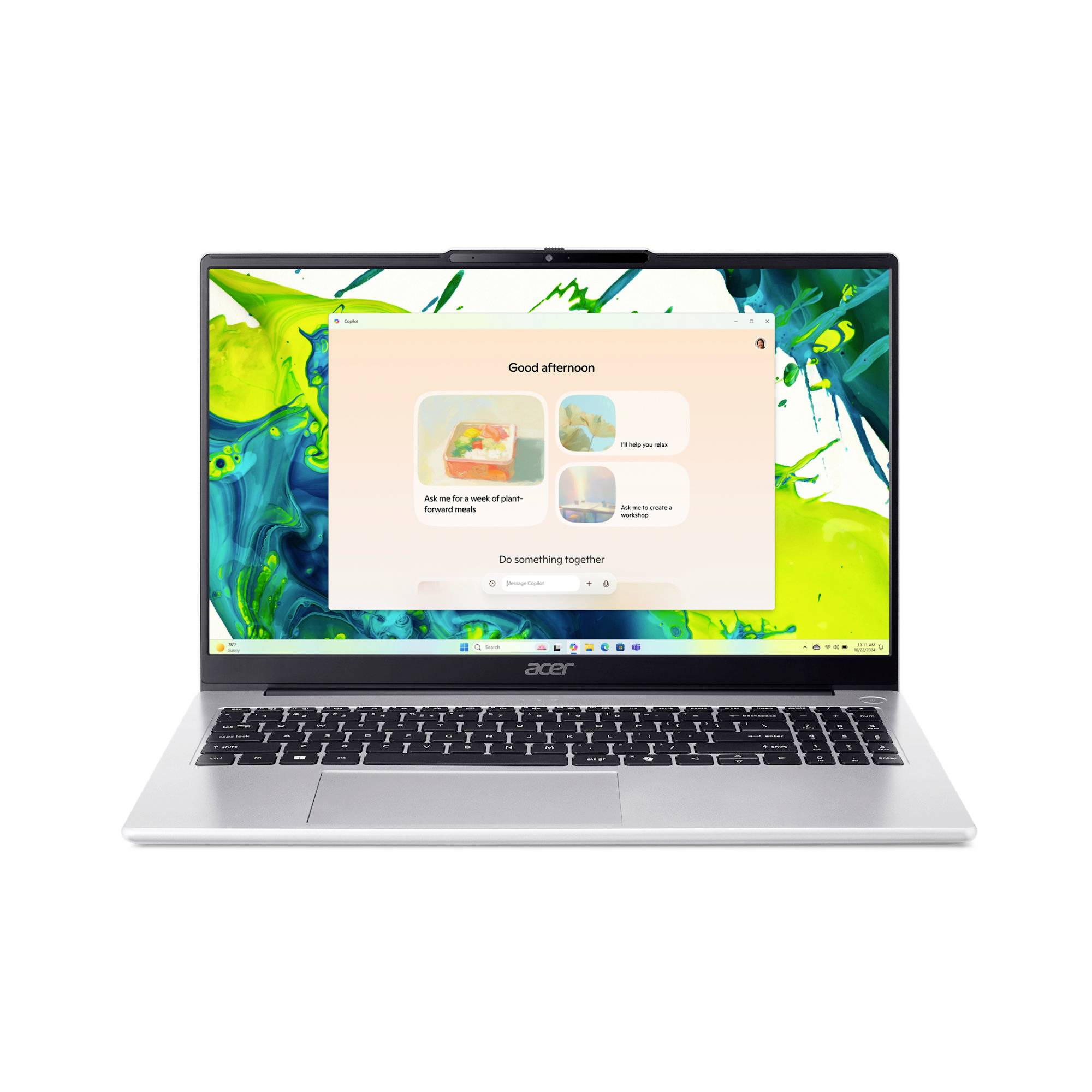 Ein Laptop, auf dem ein Chat-ähnlicher Assistent-Startbildschirm mit „Guten Nachmittag" und vorgeschlagenen Anfragen vor einer farbenfrohen abstrakten Tapete angezeigt wird.