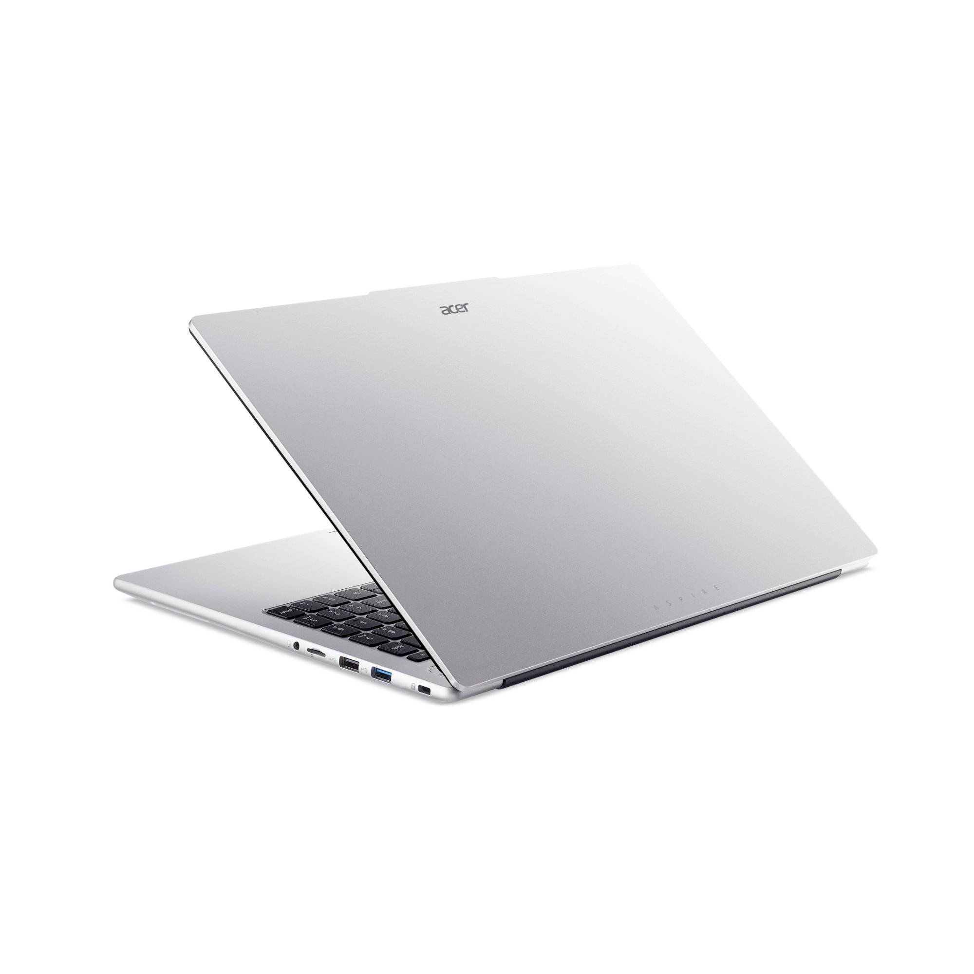 Silberner Acer-Laptop, teilweise geöffnet auf weißem Hintergrund dargestellt, mit sichtbarer Tastatur und Seitenports.