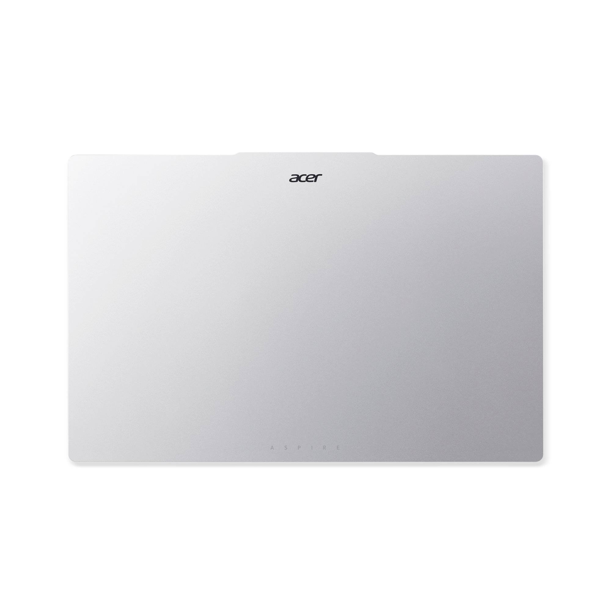 Geschlossenes silbernes Acer-Laptop aus der Draufsicht auf weißem Hintergrund.