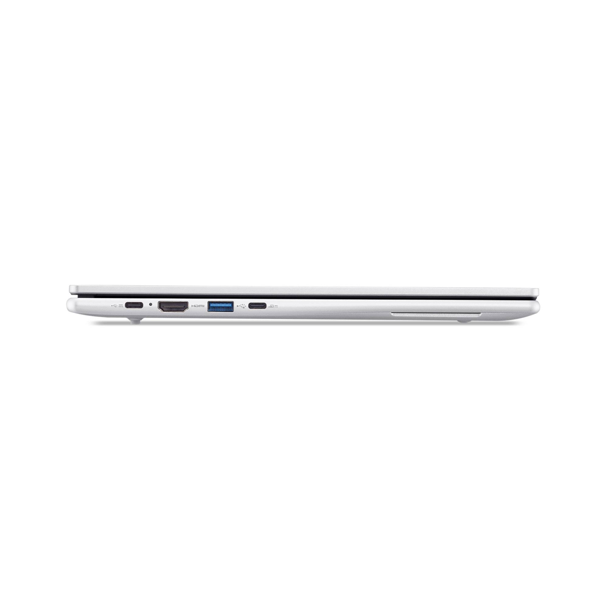 Seitenansicht eines silbernen Laptops, die sein schlankes Profil und die Anschlüsse auf der linken Seite zeigt, einschließlich USB-, HDMI- und USB-C-Verbindungen.