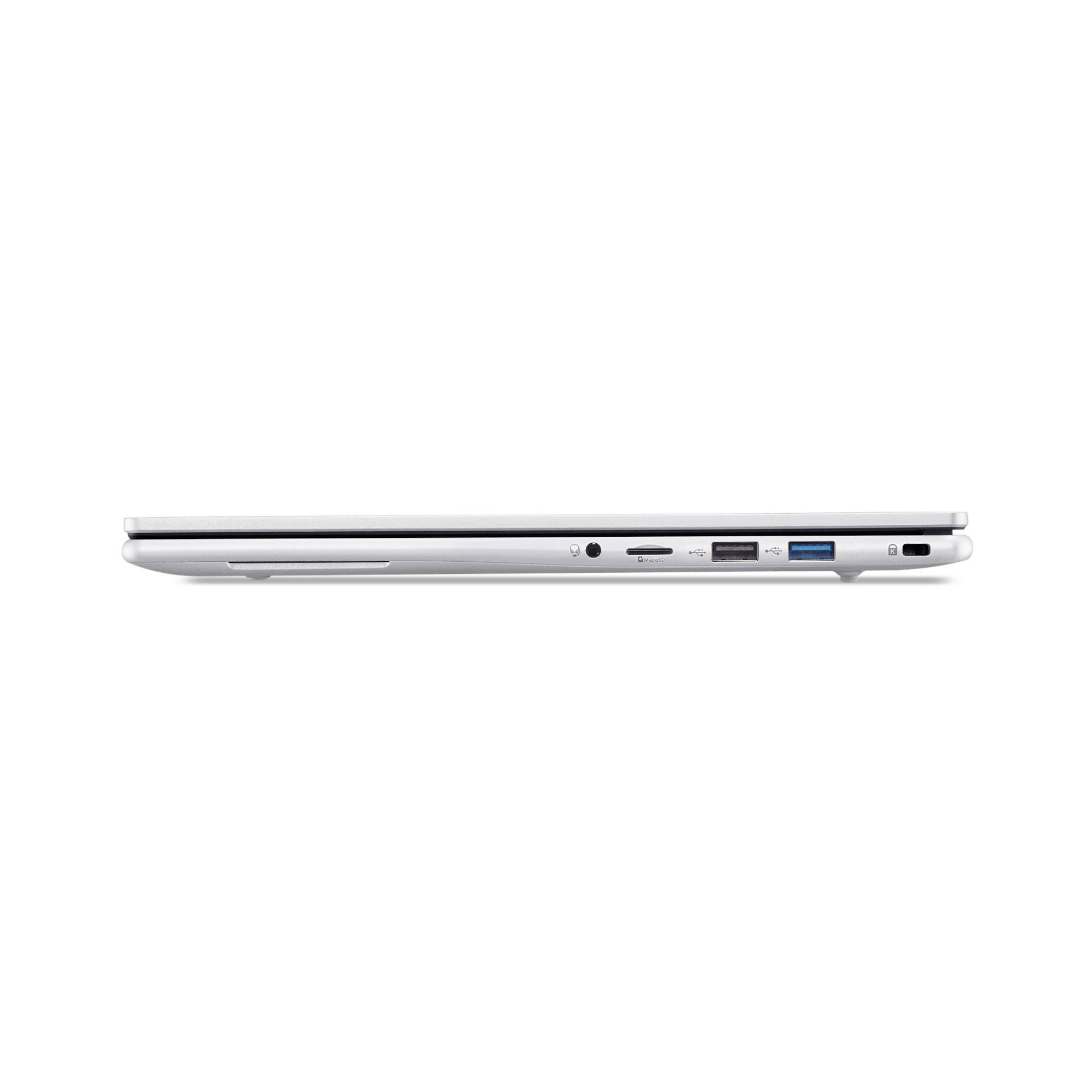 Seitenansicht eines geschlossenen silbernen Laptops, das sein dünnes Profil und die seitlichen Anschlüsse zeigt.