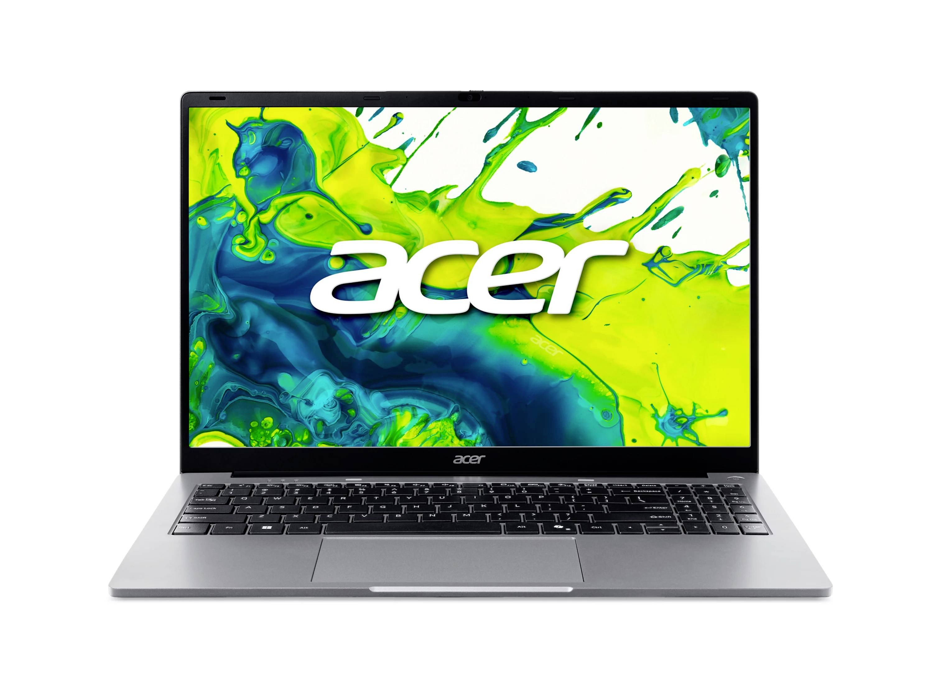 Acer-Laptop, der auf weißem Hintergrund offen gezeigt wird, mit dem Bildschirm, auf dem das Acer-Logo über einem grünen und blauen abstrakten Spritzdesign angezeigt wird.
