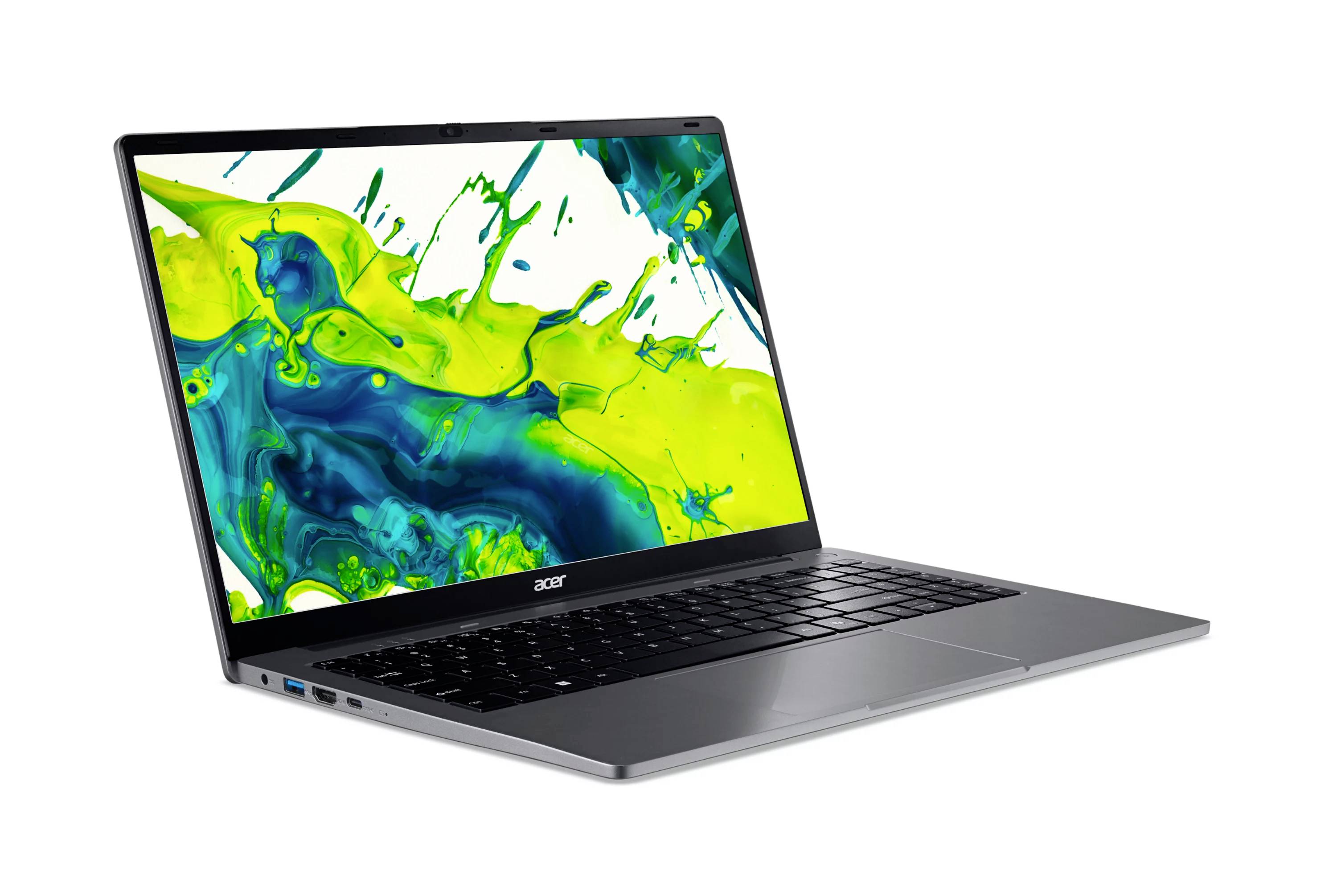 Aufgeklappter Acer-Laptop, nach links geneigt, zeigt einen hellen abstrakten grünen und blauen Spritzer auf dem Bildschirm.
