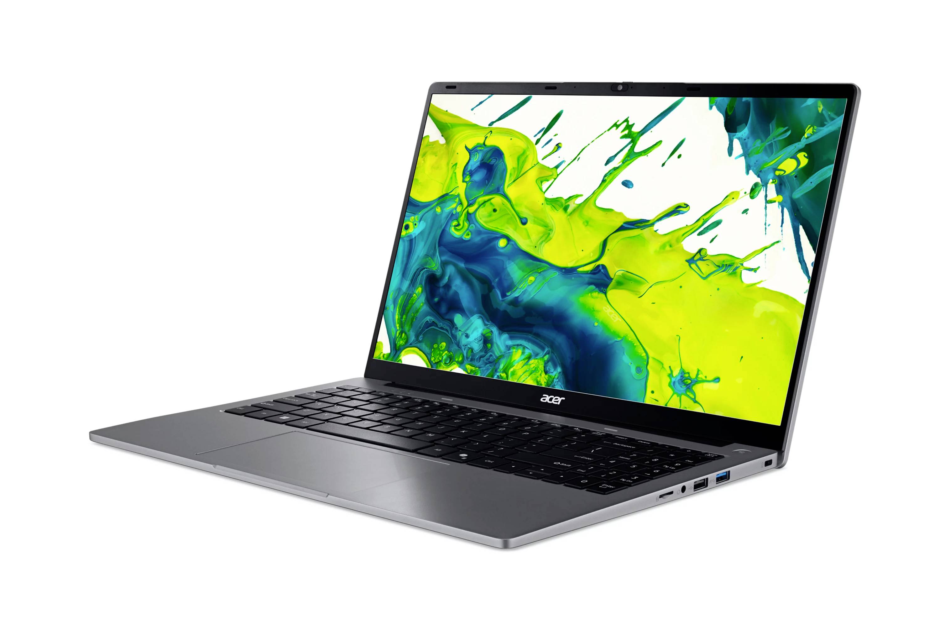 Silberner Acer-Laptop in einem Winkel auf weißem Hintergrund aufgeklappt, zeigt einen bunten abstrakten grünen und blauen Bildschirm.