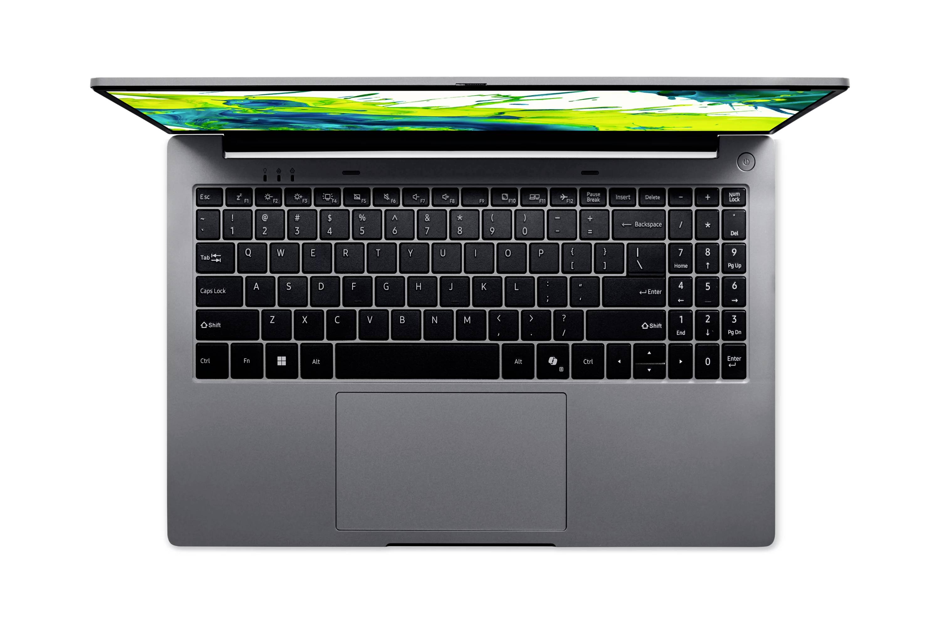Draufsicht auf einen grauen Laptop mit einem farbenfrohen Bildschirm, vollständiger Tastatur und großem zentralem Trackpad auf weißem Hintergrund.
