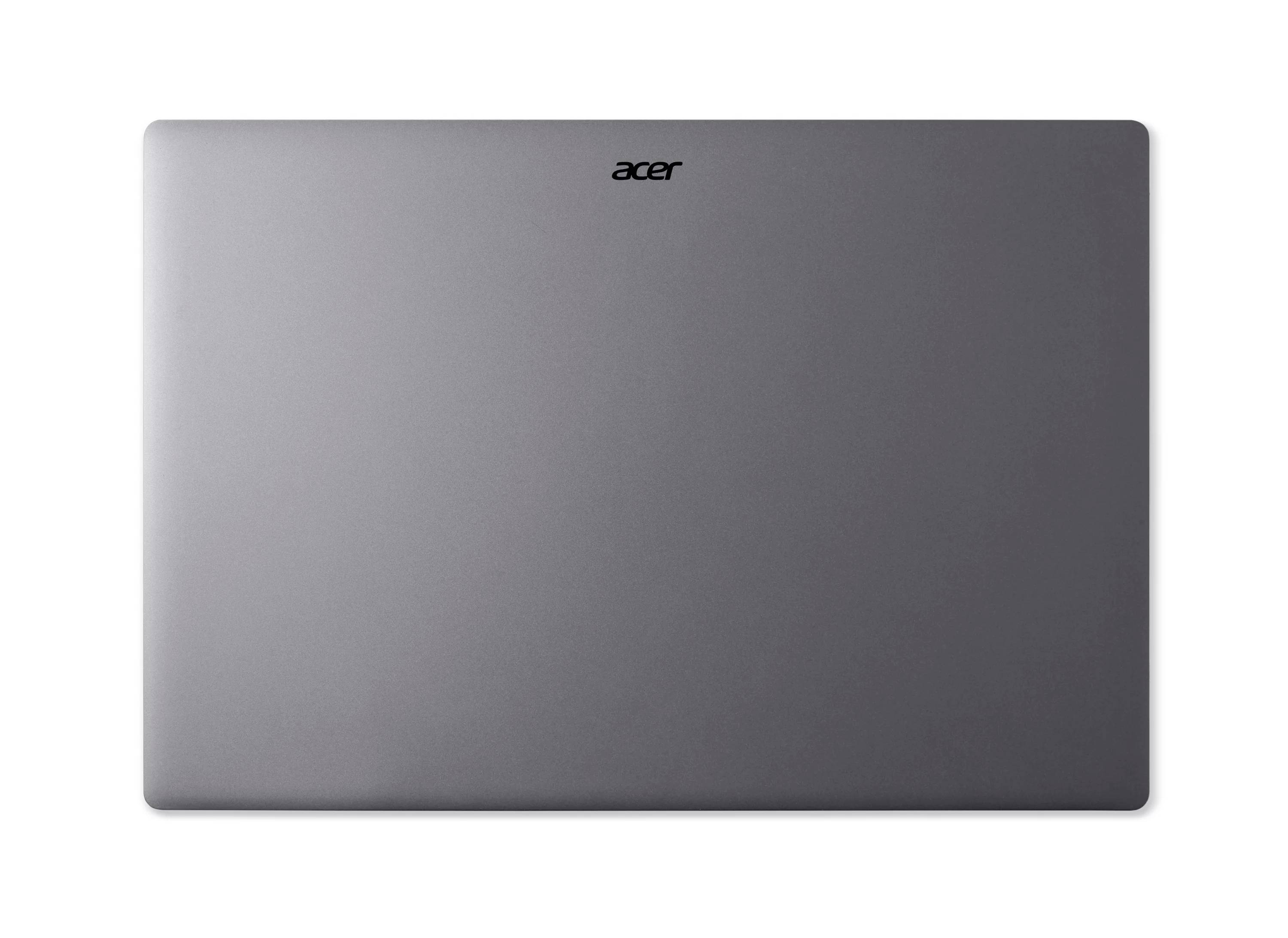 Geschlossener silberner Acer-Laptop von oben auf weißem Hintergrund betrachtet.