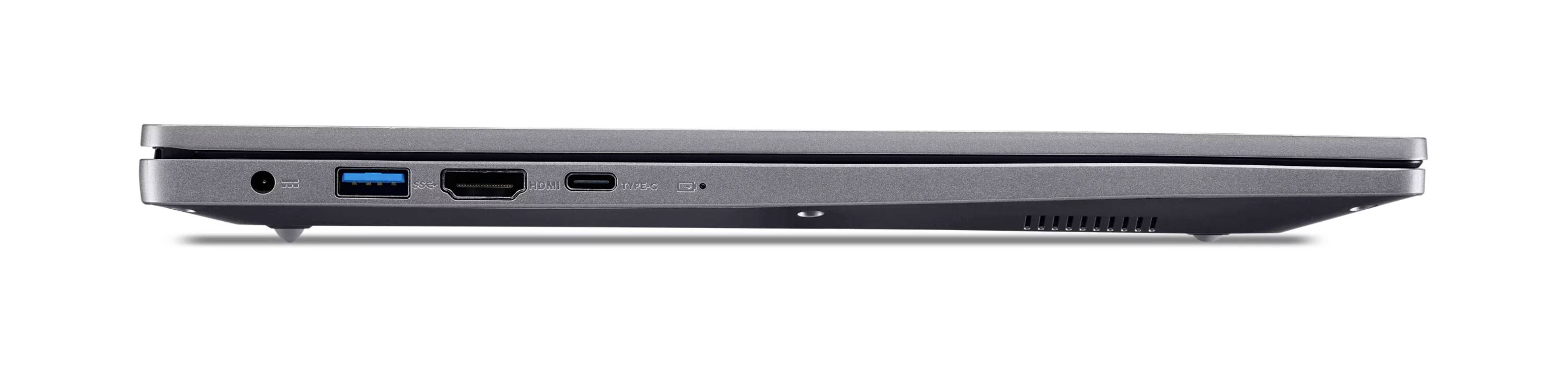 Seitenansicht eines geschlossenen schwarzen Laptops, die sein dünnes Profil mit USB-, HDMI- und anderen Anschlüssen entlang der linken Kante zeigt.